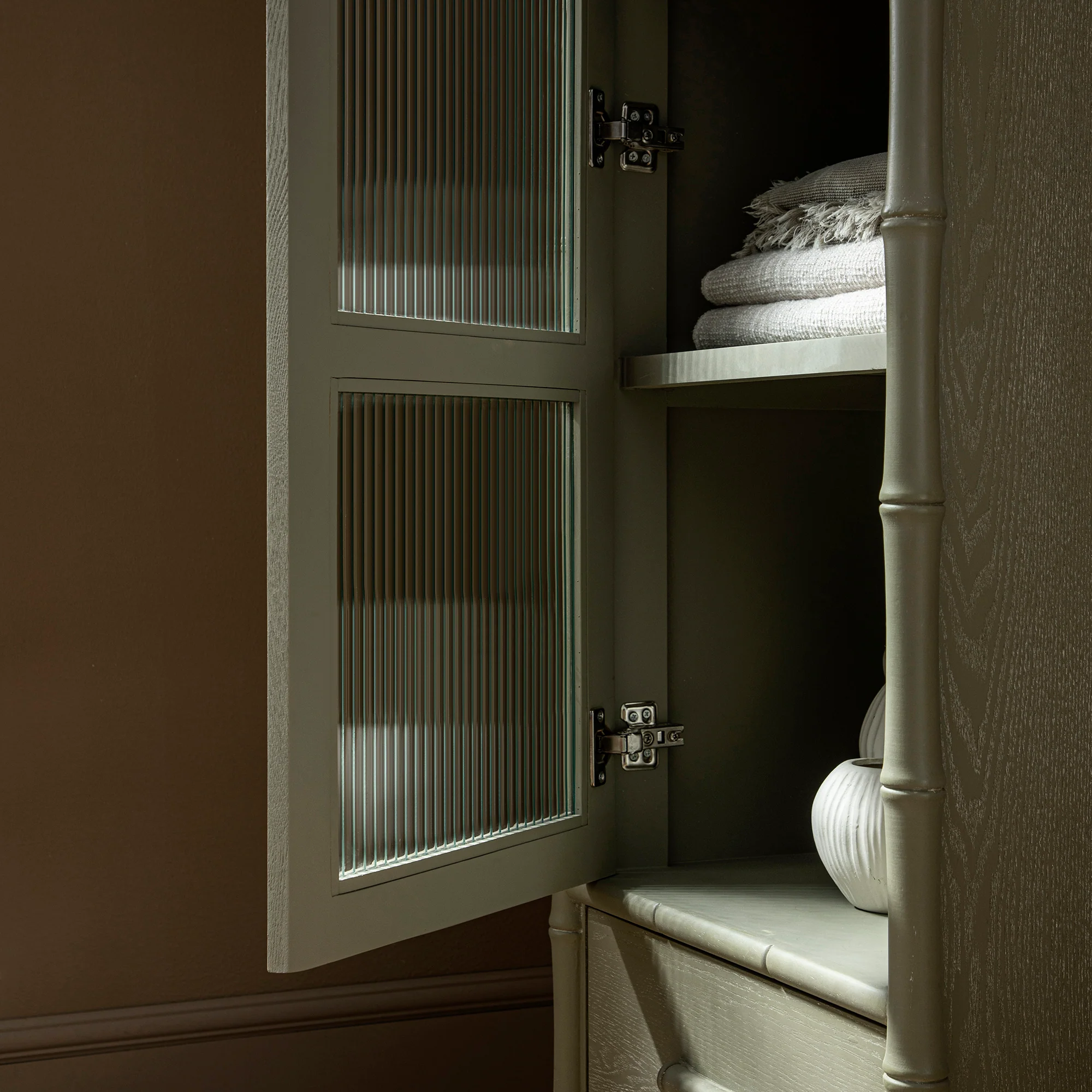 Elstowe Faux Bamboo and Fluted Glass 1-Door Cabinet, Sage Green - Image 7
