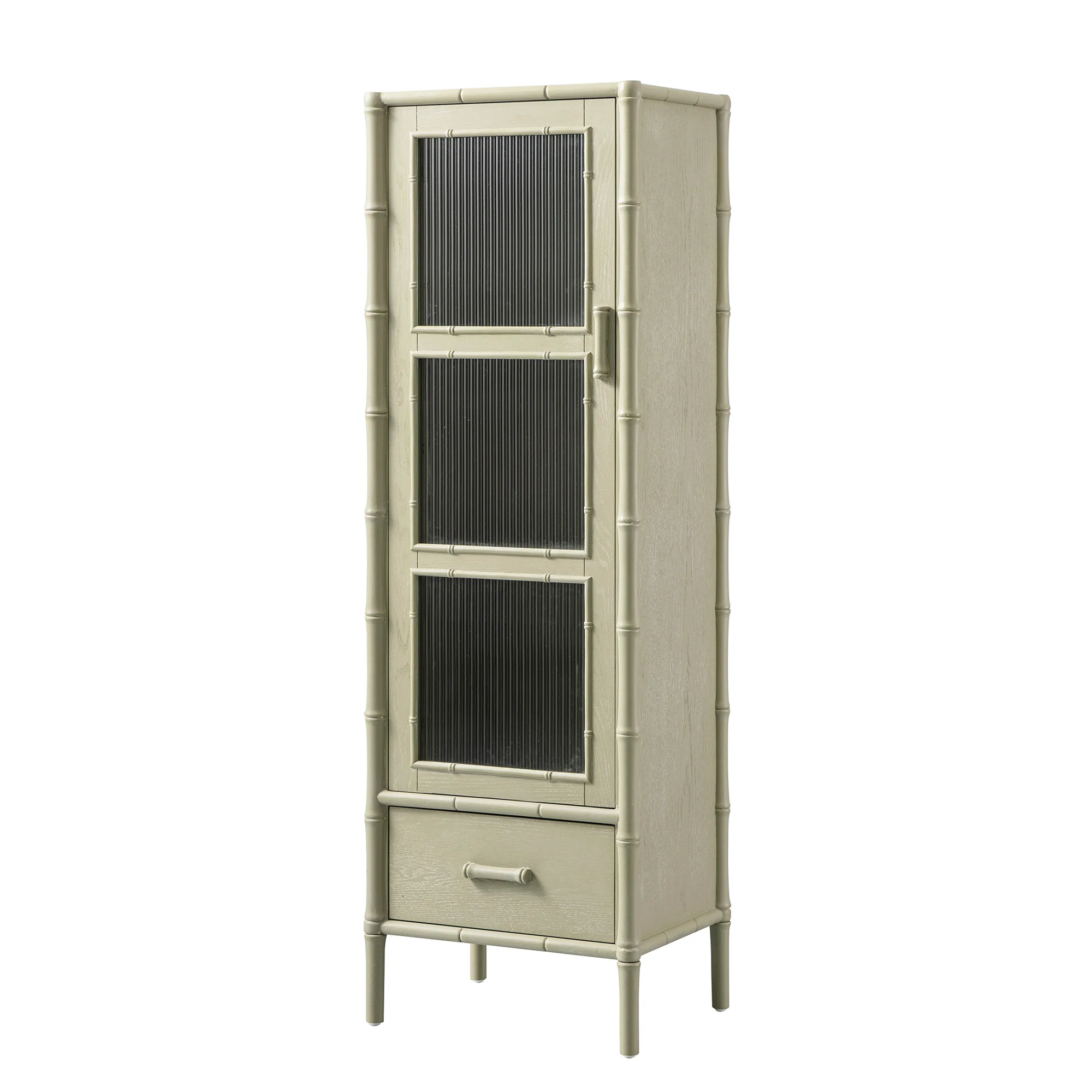 Elstowe Faux Bamboo and Fluted Glass 1-Door Cabinet, Sage Green - Image 9
