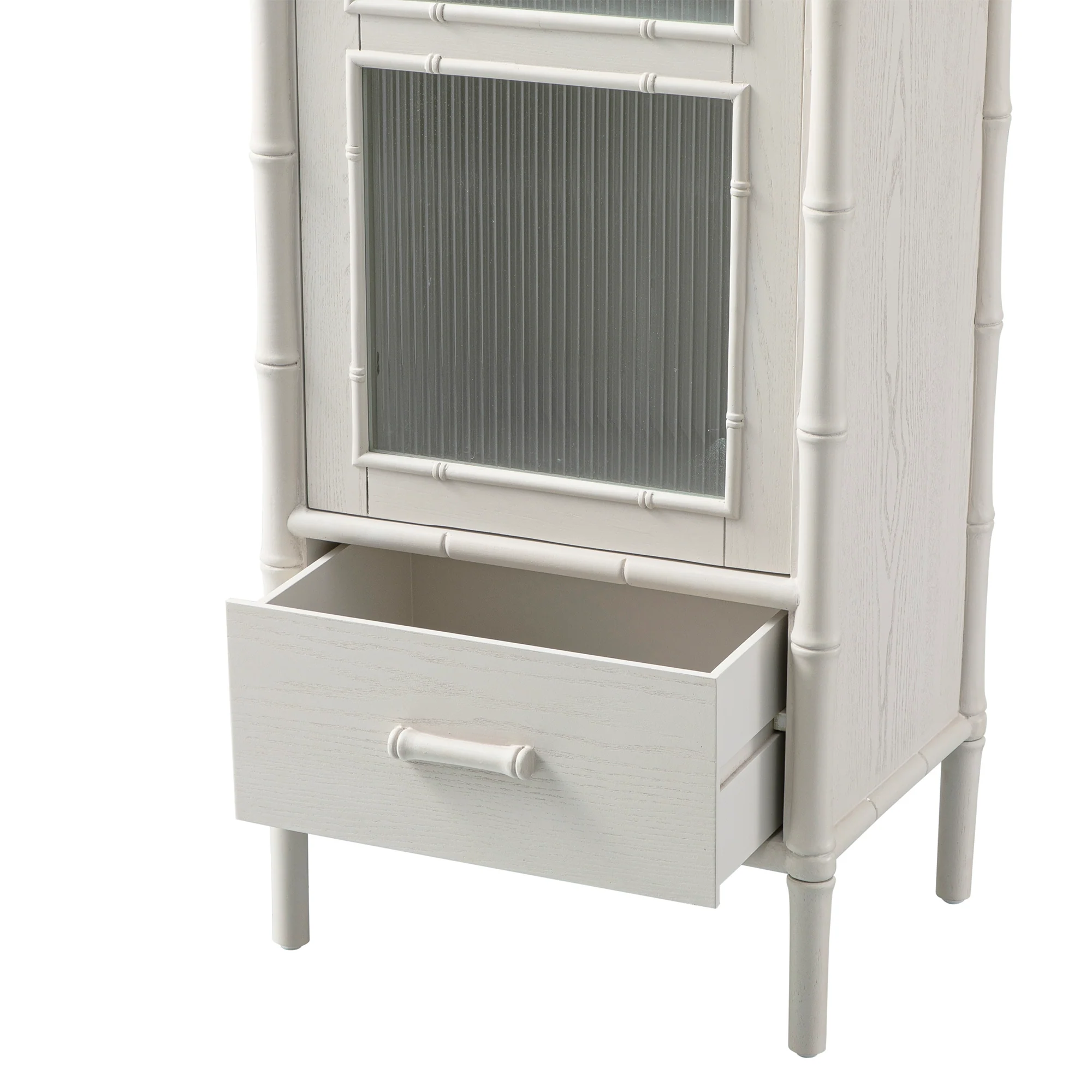 Elstowe Faux Bamboo and Fluted Glass 1-Door Cabinet, Shaded White - Image 18