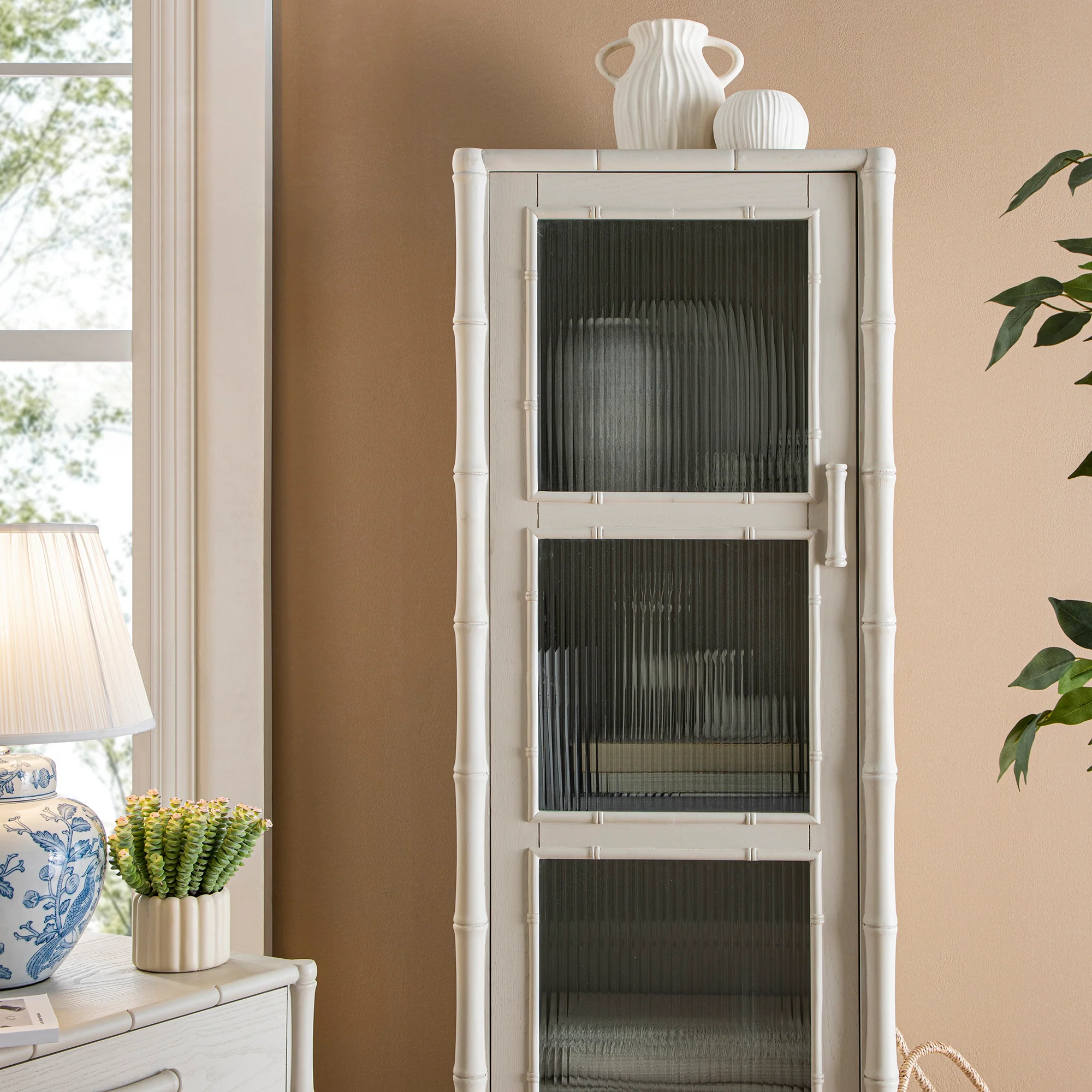 Elstowe Faux Bamboo and Fluted Glass 1-Door Cabinet, Shaded White - Image 5