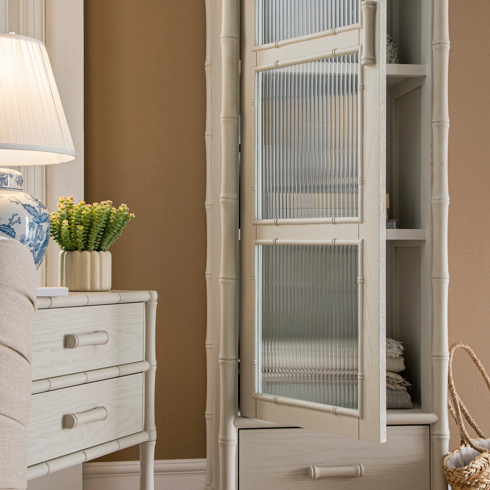 Elstowe Faux Bamboo and Fluted Glass 1-Door Cabinet, Shaded White - Image 6