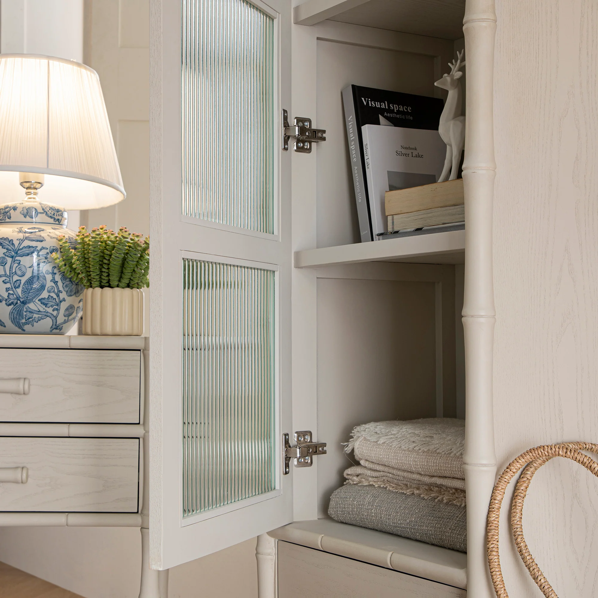 Elstowe Faux Bamboo and Fluted Glass 1-Door Cabinet, Shaded White - Image 8
