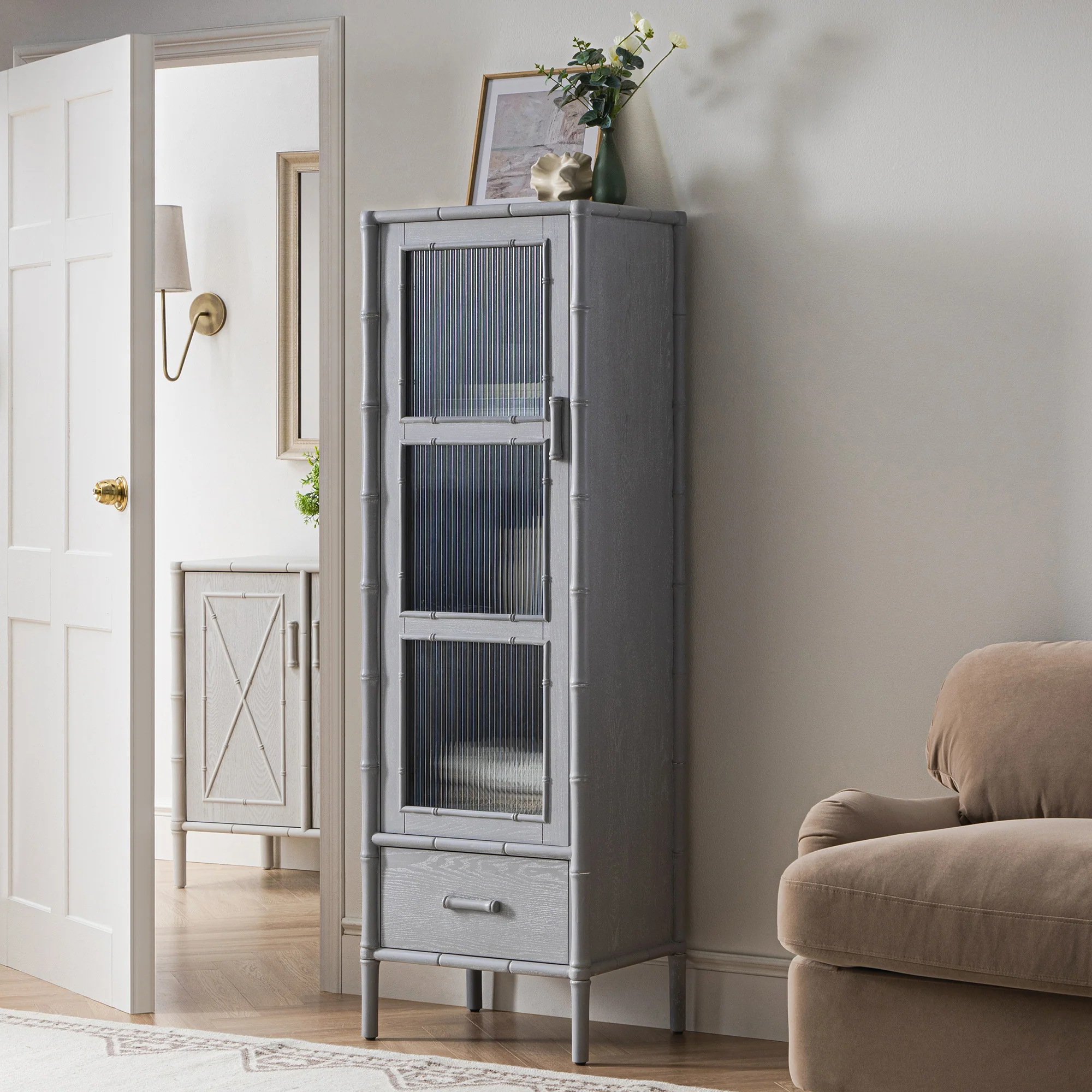 Elstowe Faux Bamboo and Fluted Glass 1-Door Cabinet, Warm Grey - Image 2