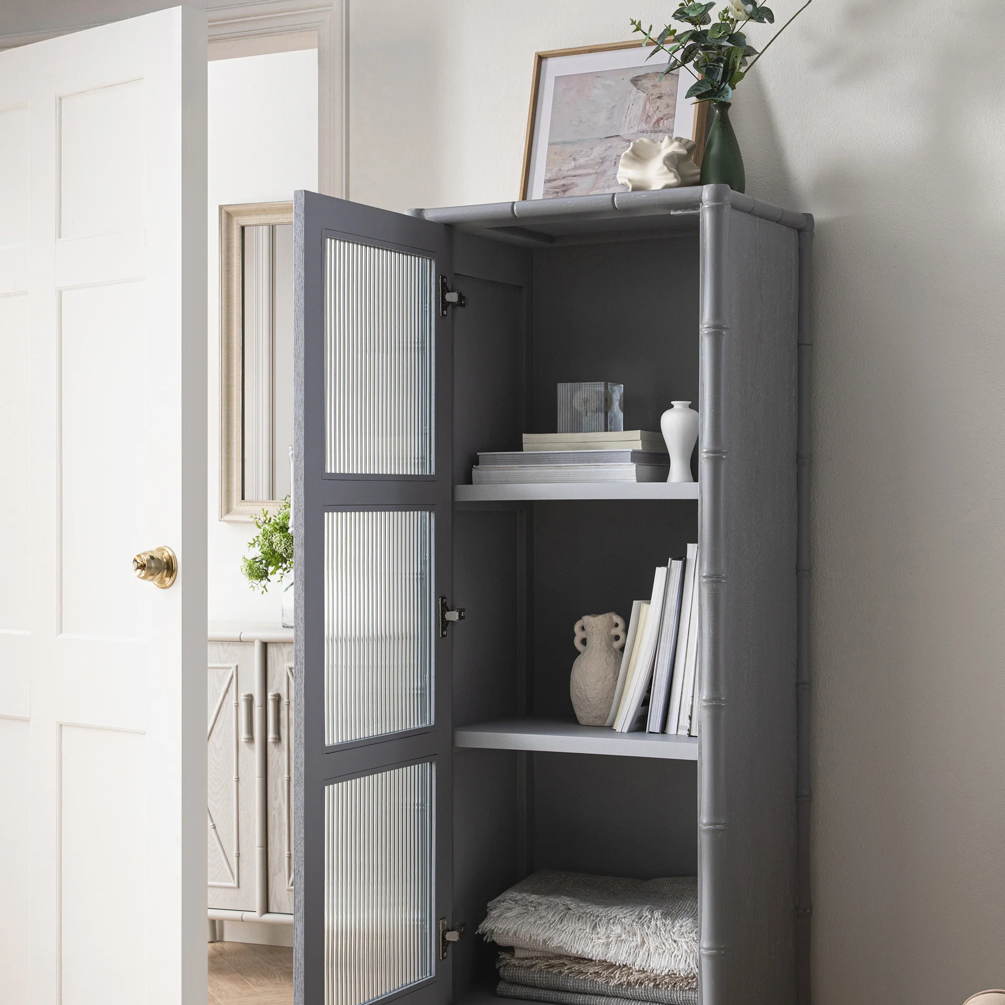 Elstowe Faux Bamboo and Fluted Glass 1-Door Cabinet, Warm Grey - Image 5