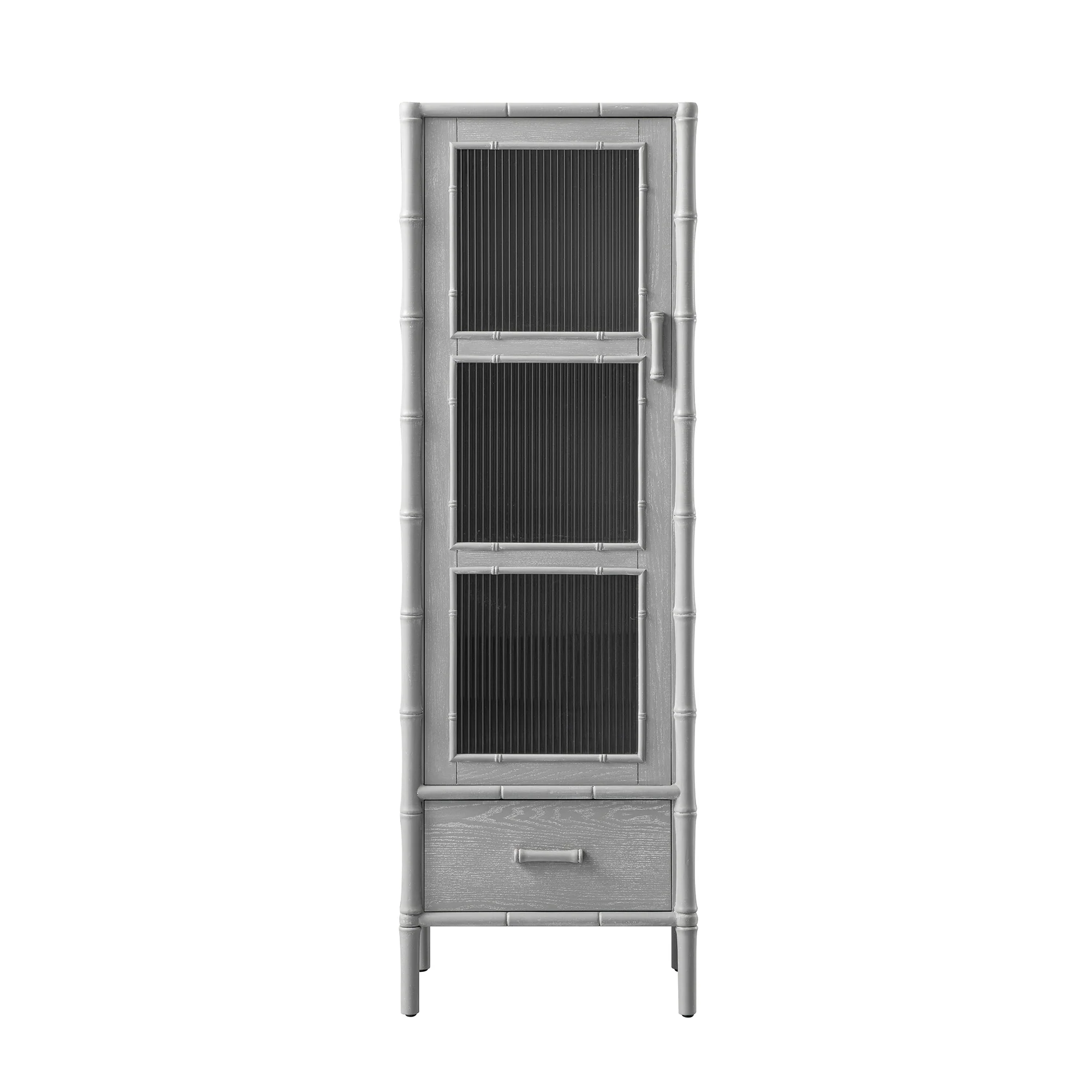 Elstowe Faux Bamboo and Fluted Glass 1-Door Cabinet, Warm Grey - Image 8