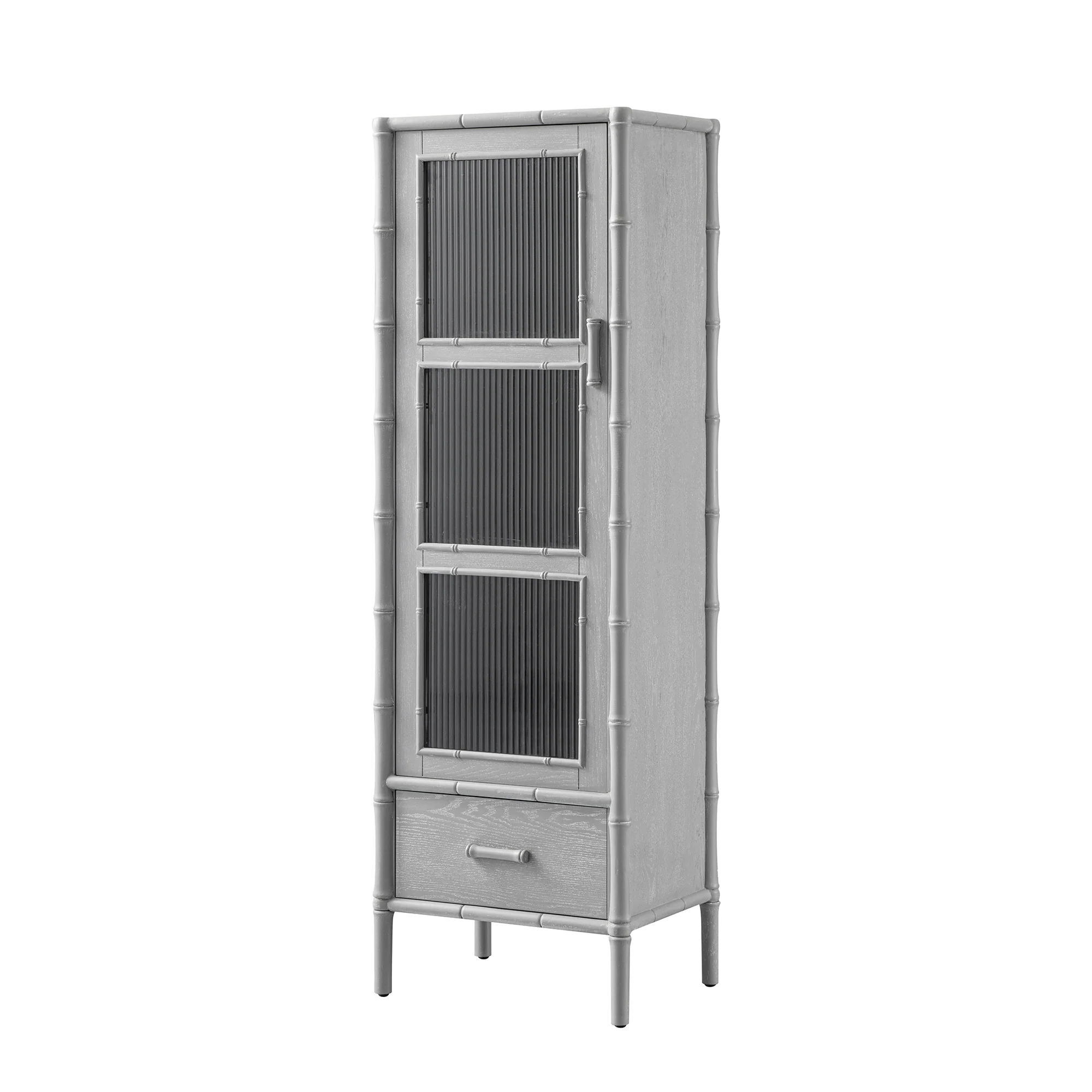 Elstowe Faux Bamboo and Fluted Glass 1-Door Cabinet, Warm Grey - Image 9