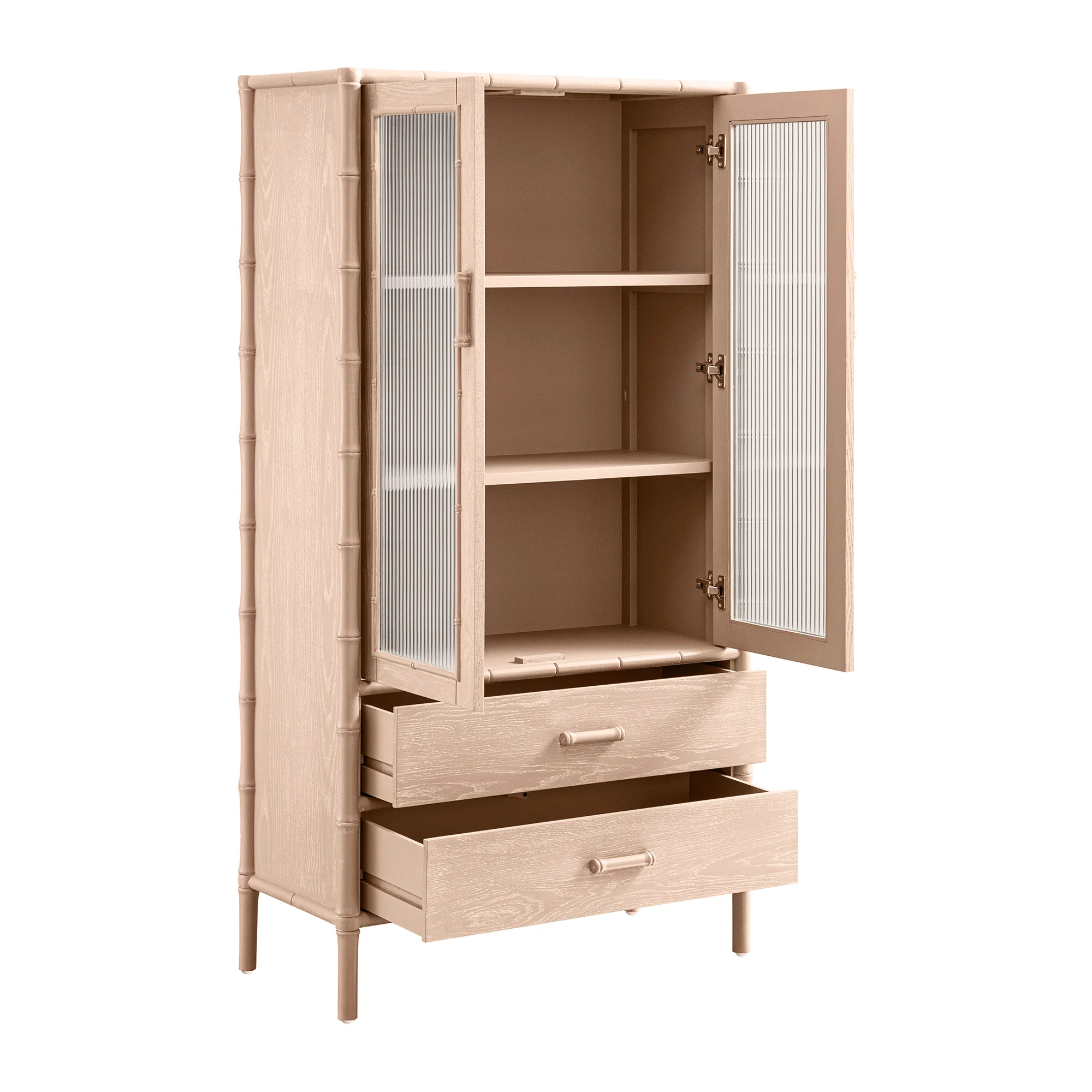 Elstowe Faux Bamboo and Fluted Glass 2-Door Cabinet, Nude Pink - Image 12