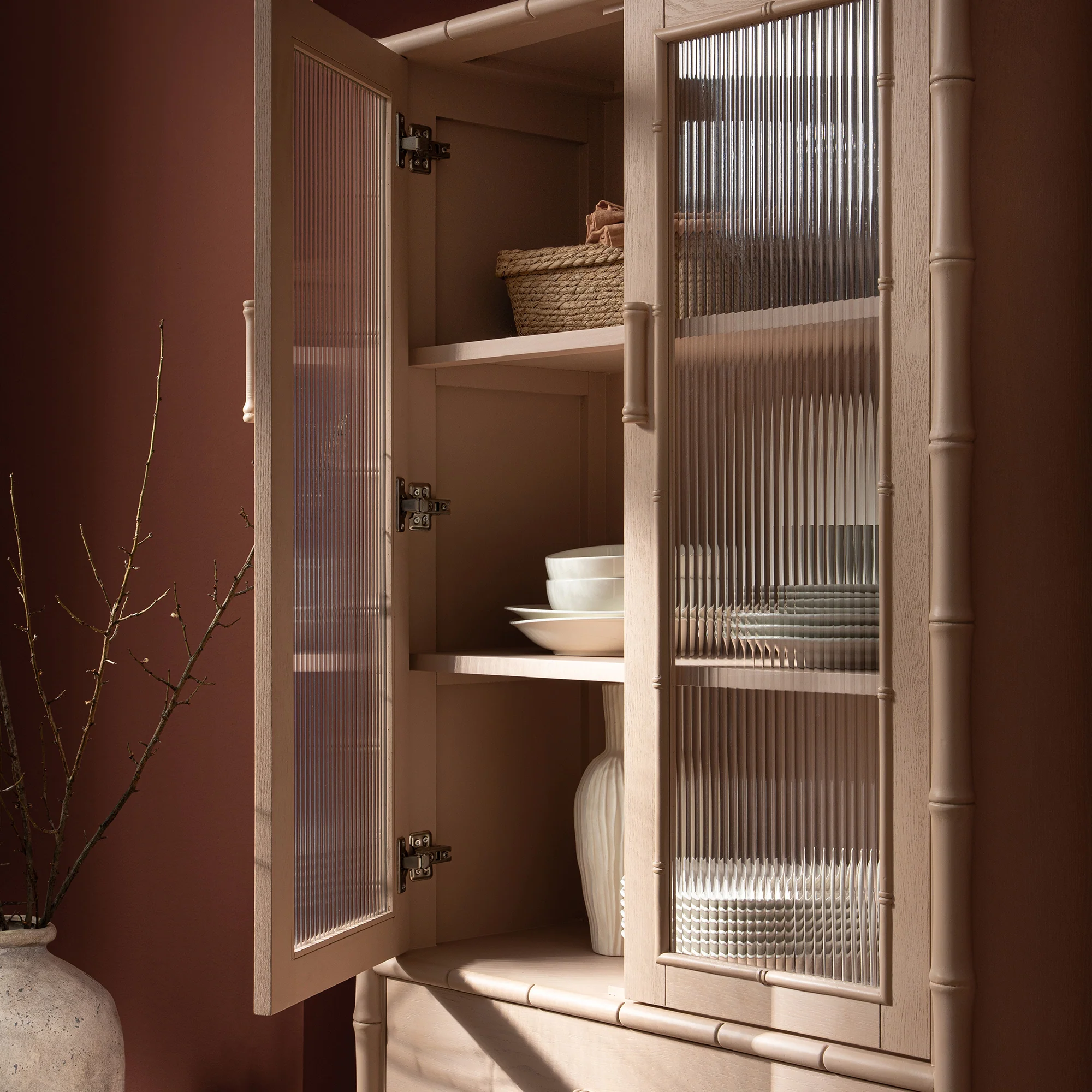 Elstowe Faux Bamboo and Fluted Glass 2-Door Cabinet, Nude Pink - Image 5