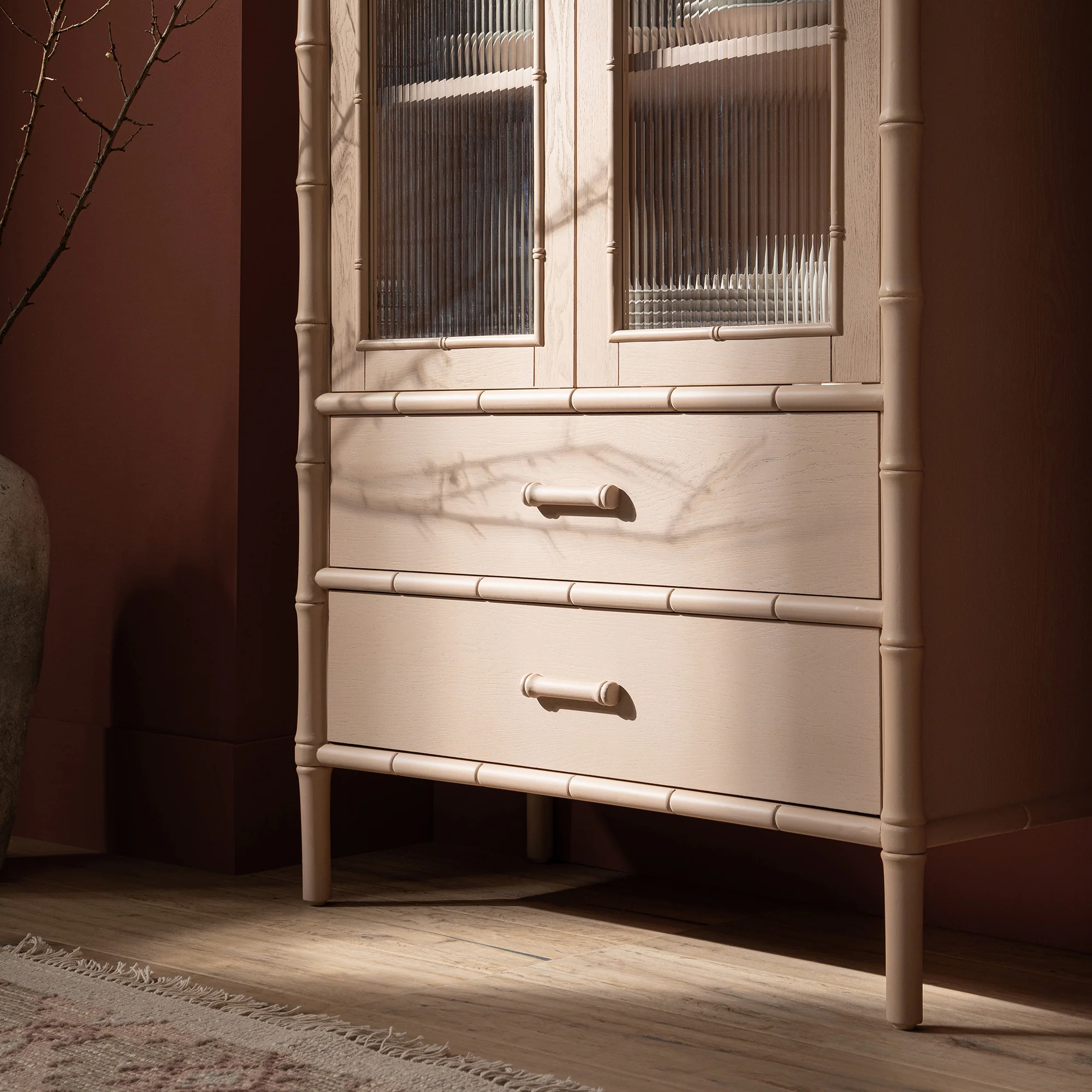 Elstowe Faux Bamboo and Fluted Glass 2-Door Cabinet, Nude Pink - Image 6