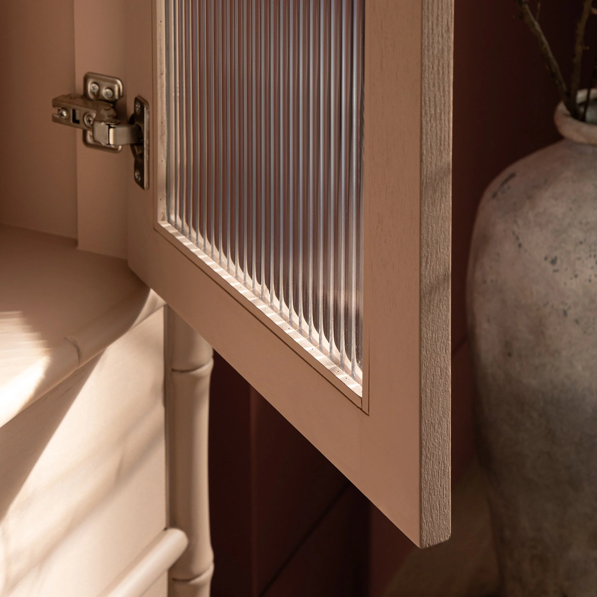 Elstowe Faux Bamboo and Fluted Glass 2-Door Cabinet, Nude Pink - Image 8