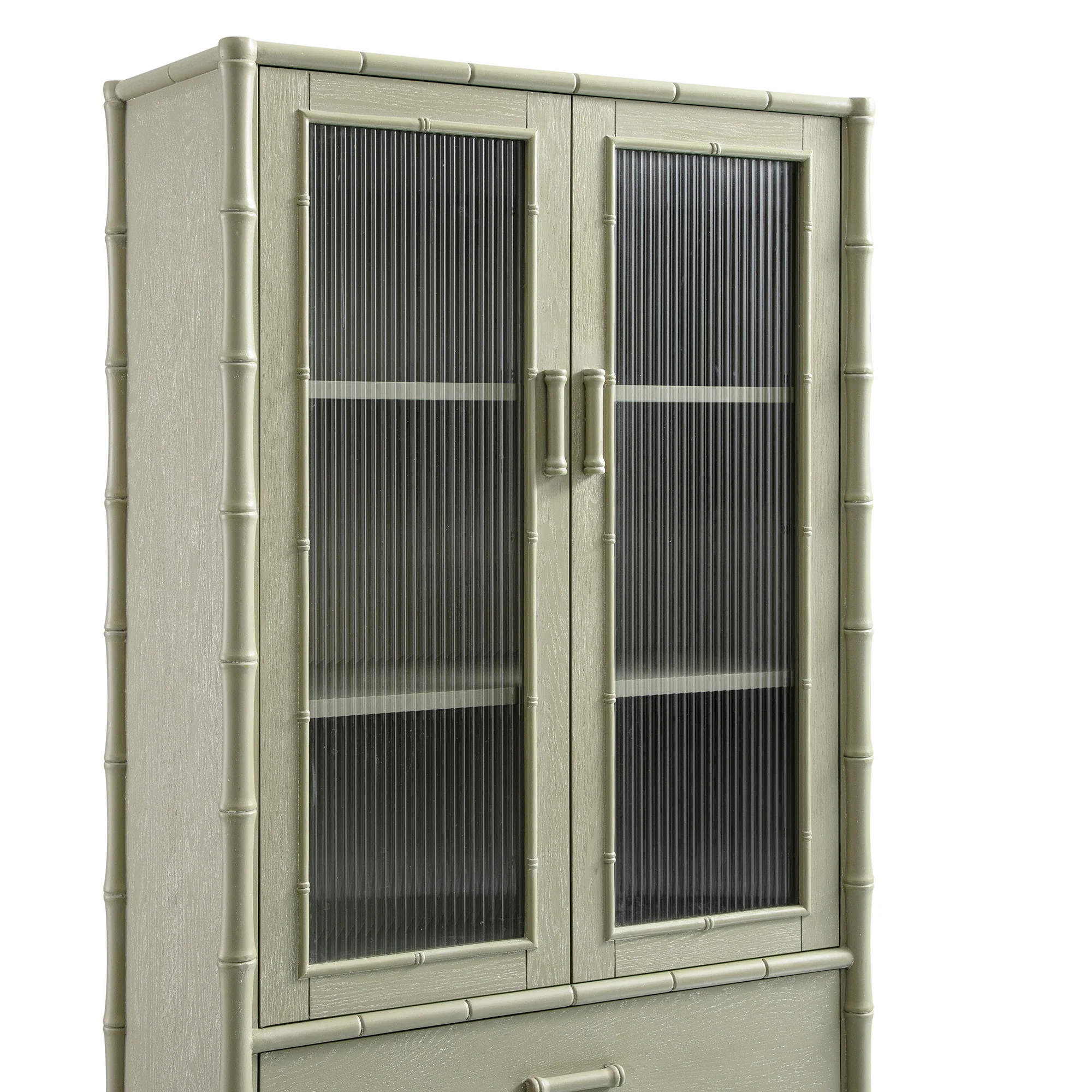 Elstowe Faux Bamboo and Fluted Glass 2-Door Cabinet, Sage Green - Image 15