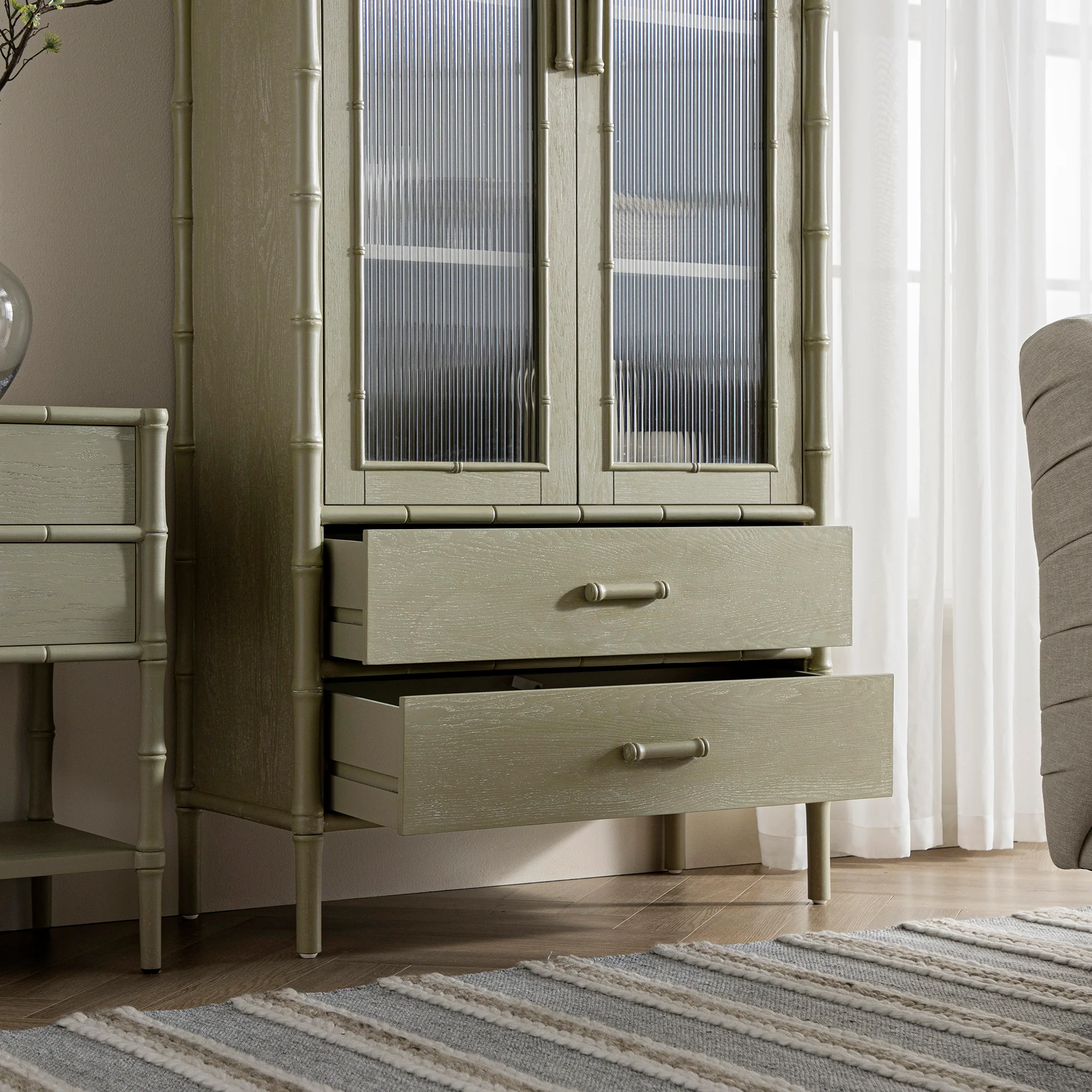 Elstowe Faux Bamboo and Fluted Glass 2-Door Cabinet, Sage Green - Image 6