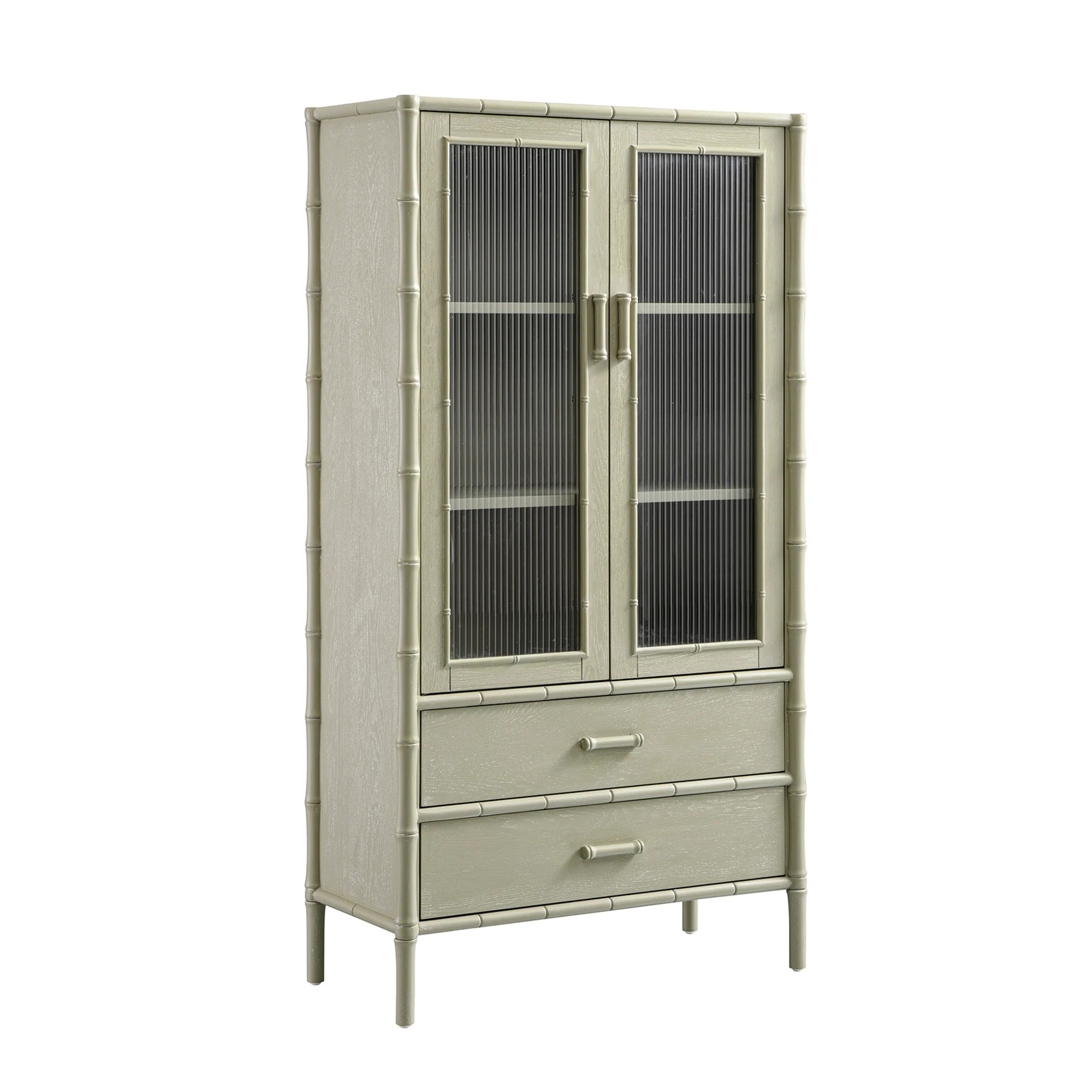Elstowe Faux Bamboo and Fluted Glass 2-Door Cabinet, Sage Green - Image 9