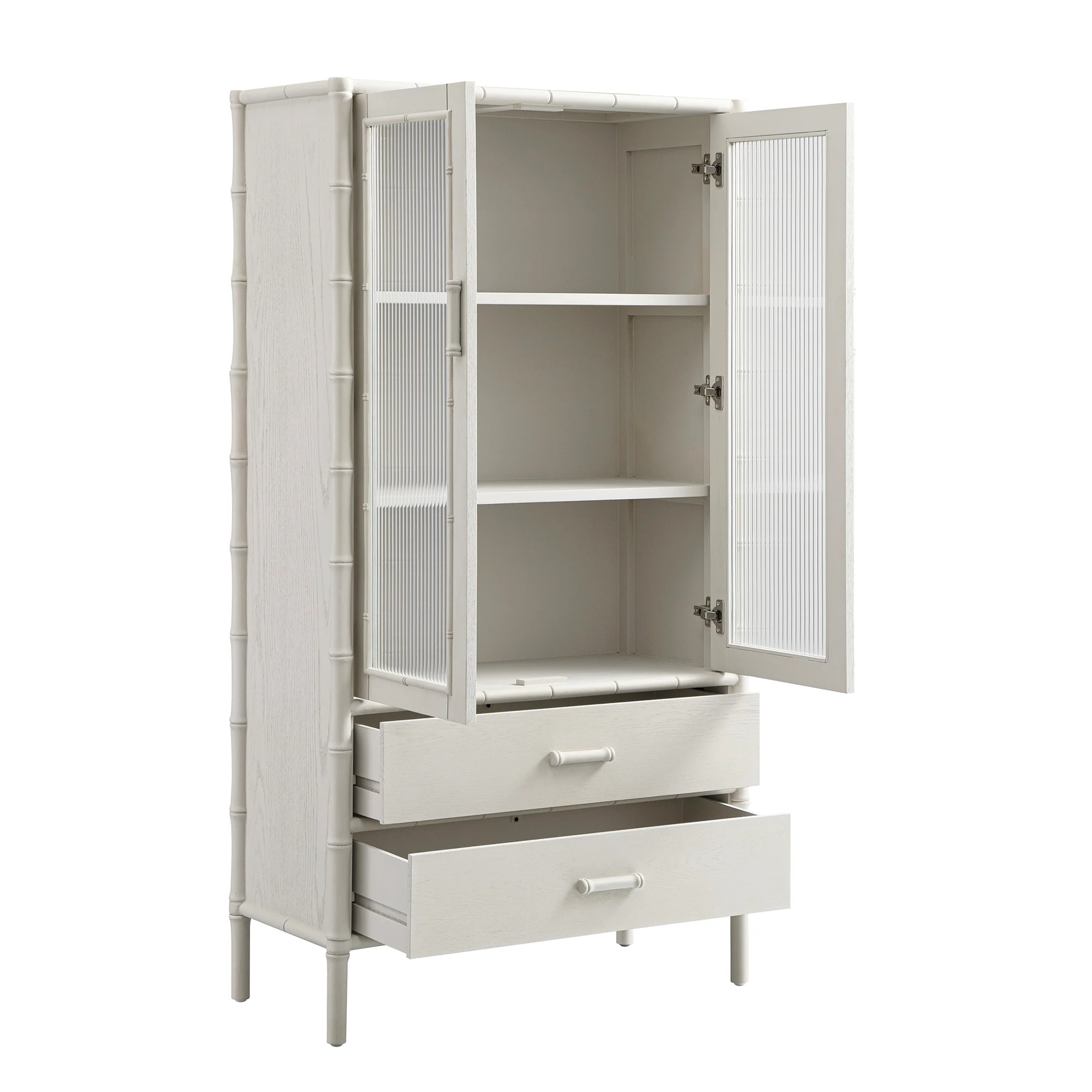 Elstowe Faux Bamboo and Fluted Glass 2-Door Cabinet, Shaded White - Image 12