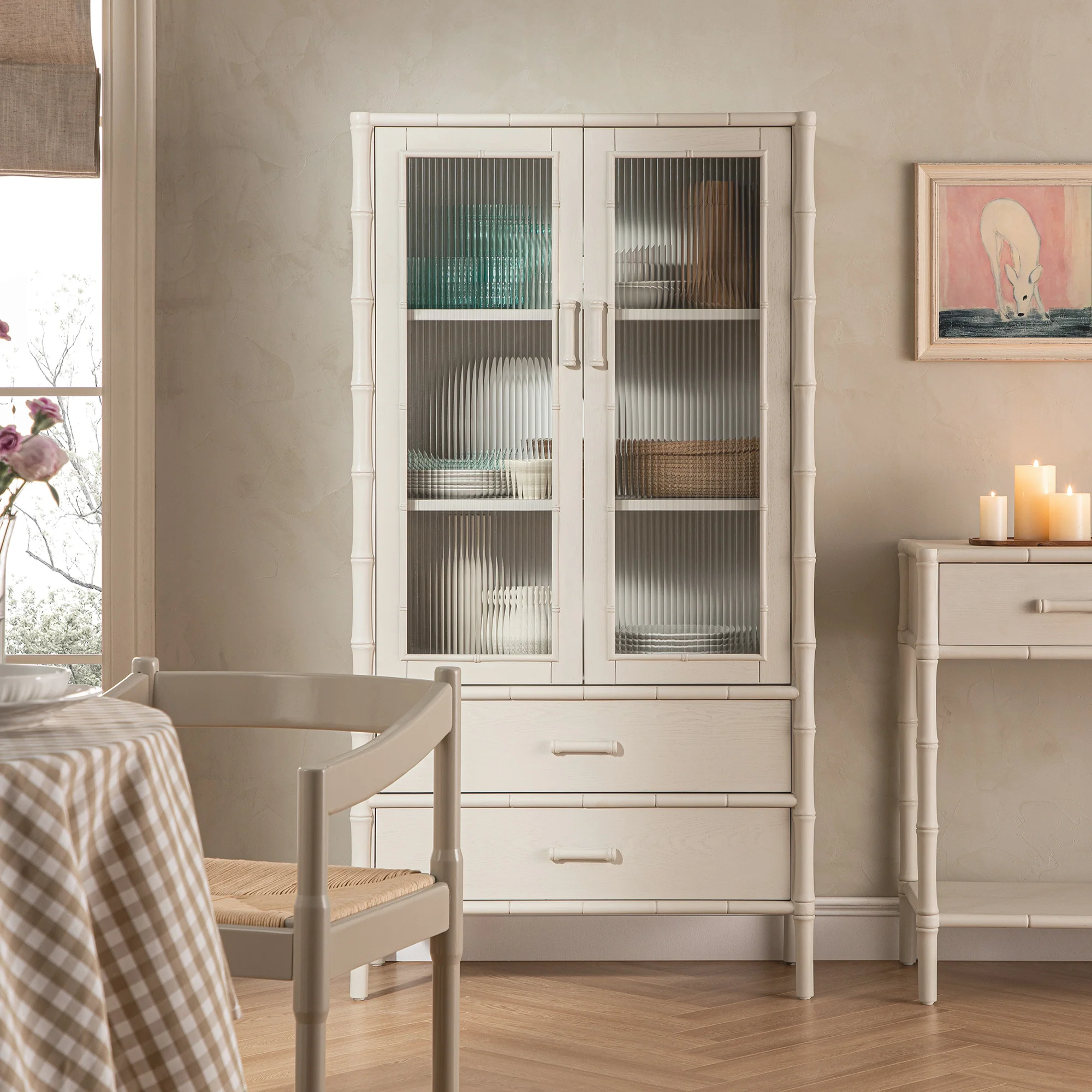 Elstowe Faux Bamboo and Fluted Glass 2-Door Cabinet, Shaded White - Image 2