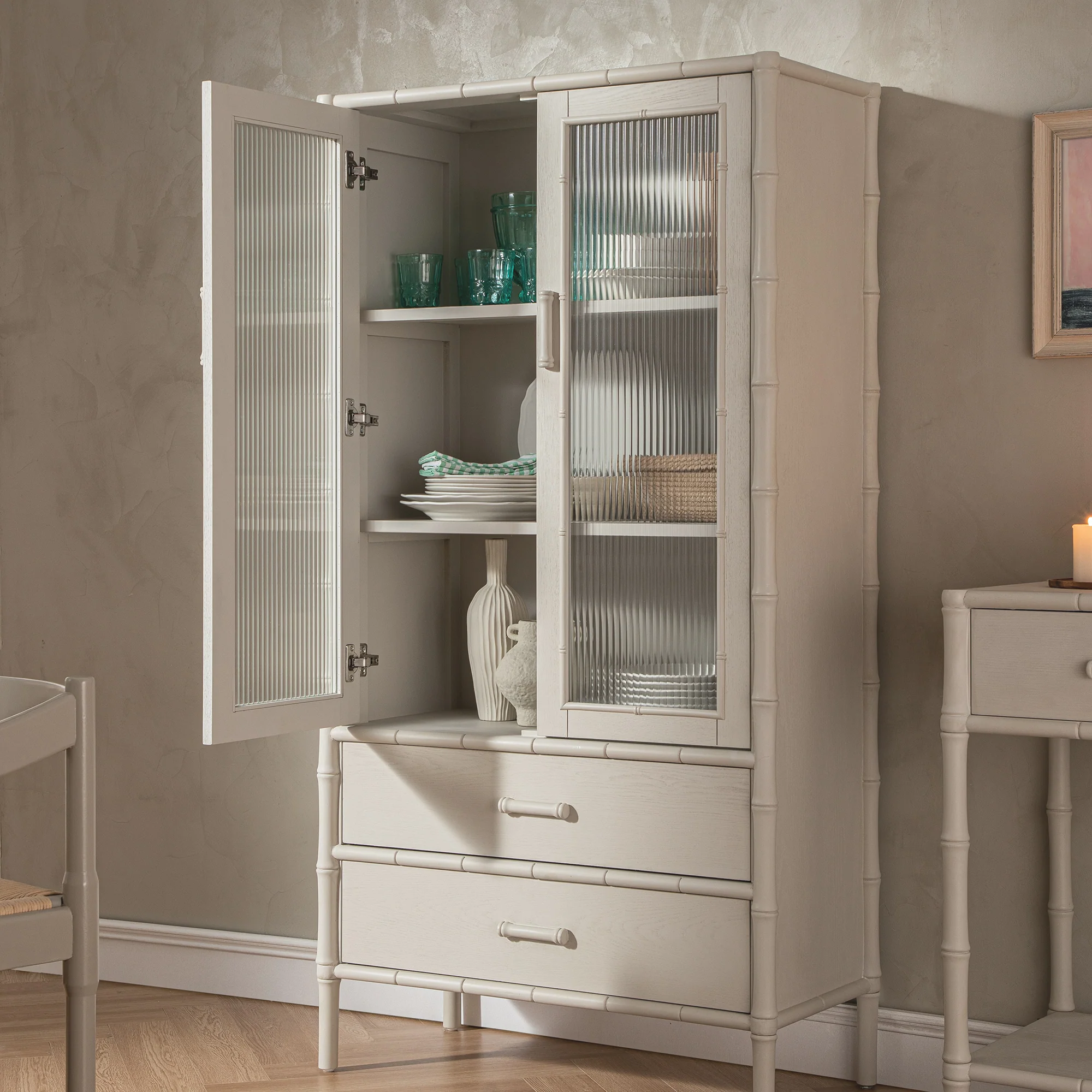 Elstowe Faux Bamboo and Fluted Glass 2-Door Cabinet, Shaded White - Image 3