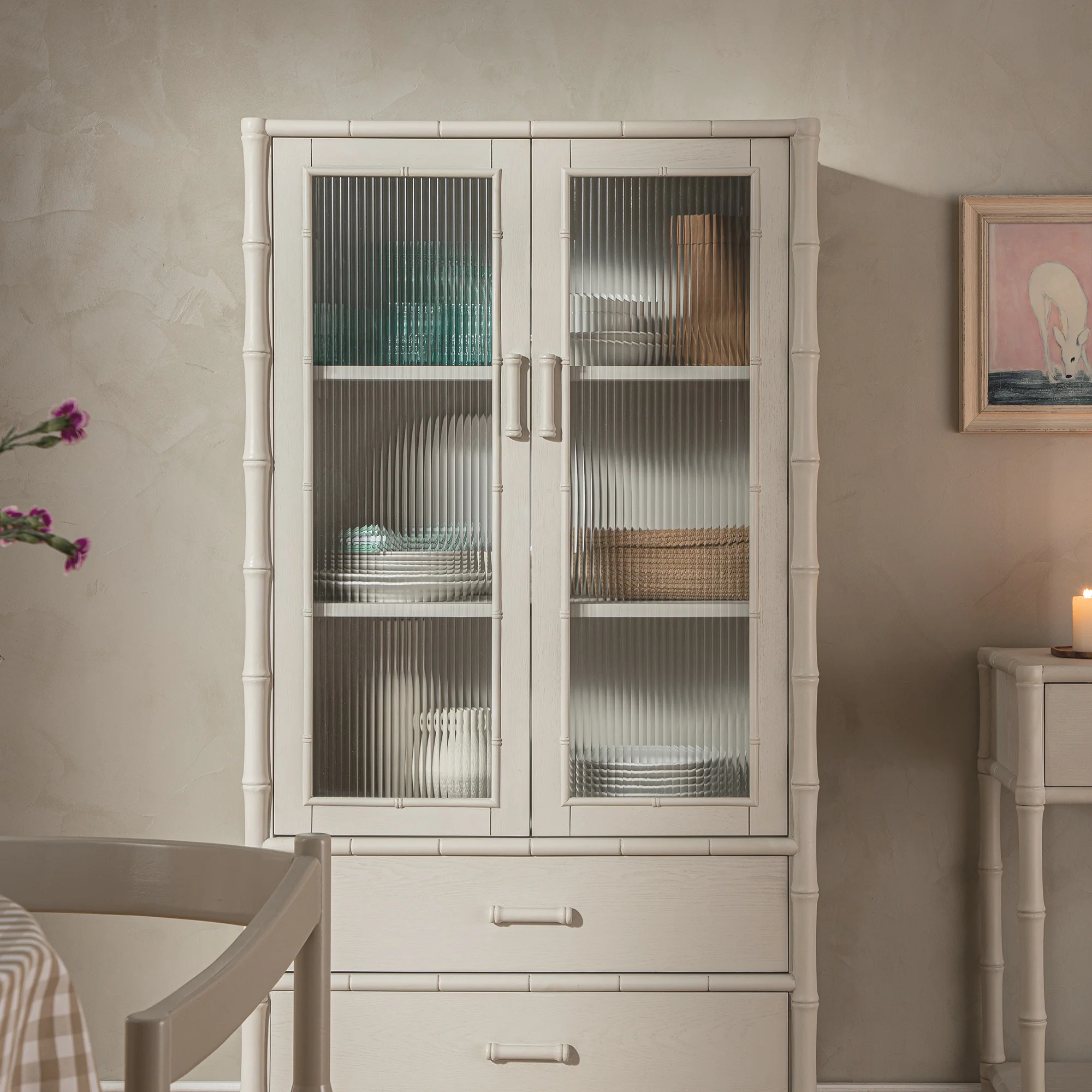 Elstowe Faux Bamboo and Fluted Glass 2-Door Cabinet, Shaded White - Image 5