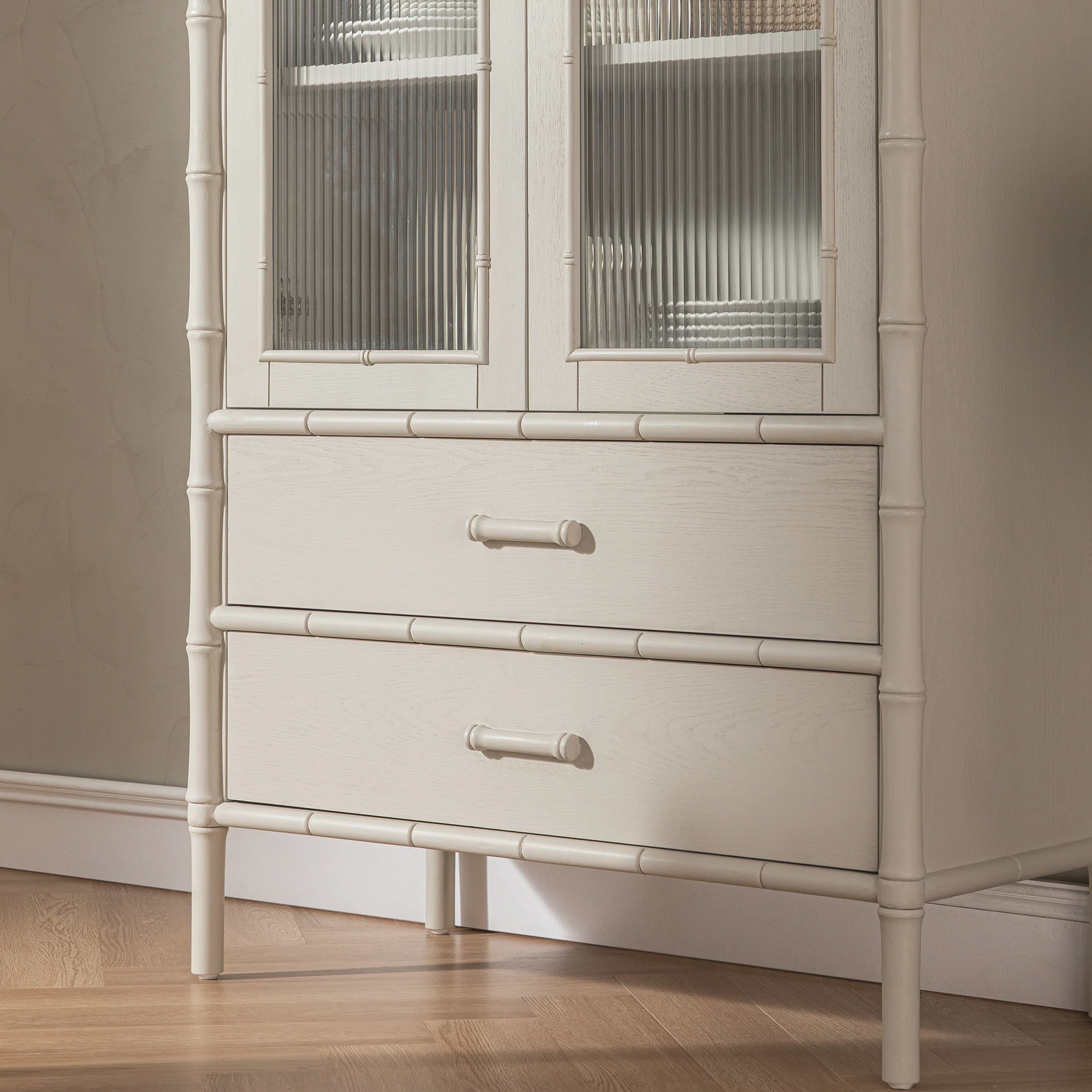 Elstowe Faux Bamboo and Fluted Glass 2-Door Cabinet, Shaded White - Image 6