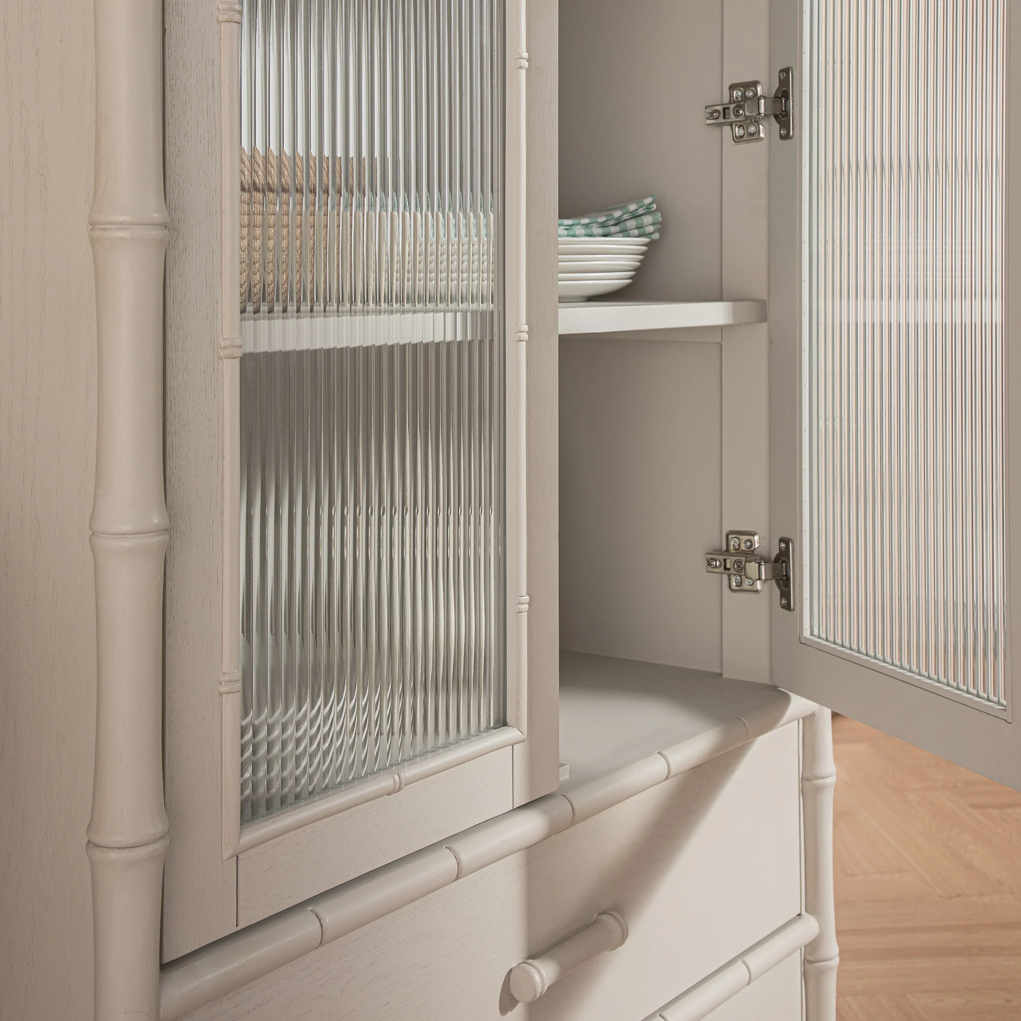 Elstowe Faux Bamboo and Fluted Glass 2-Door Cabinet, Shaded White - Image 7