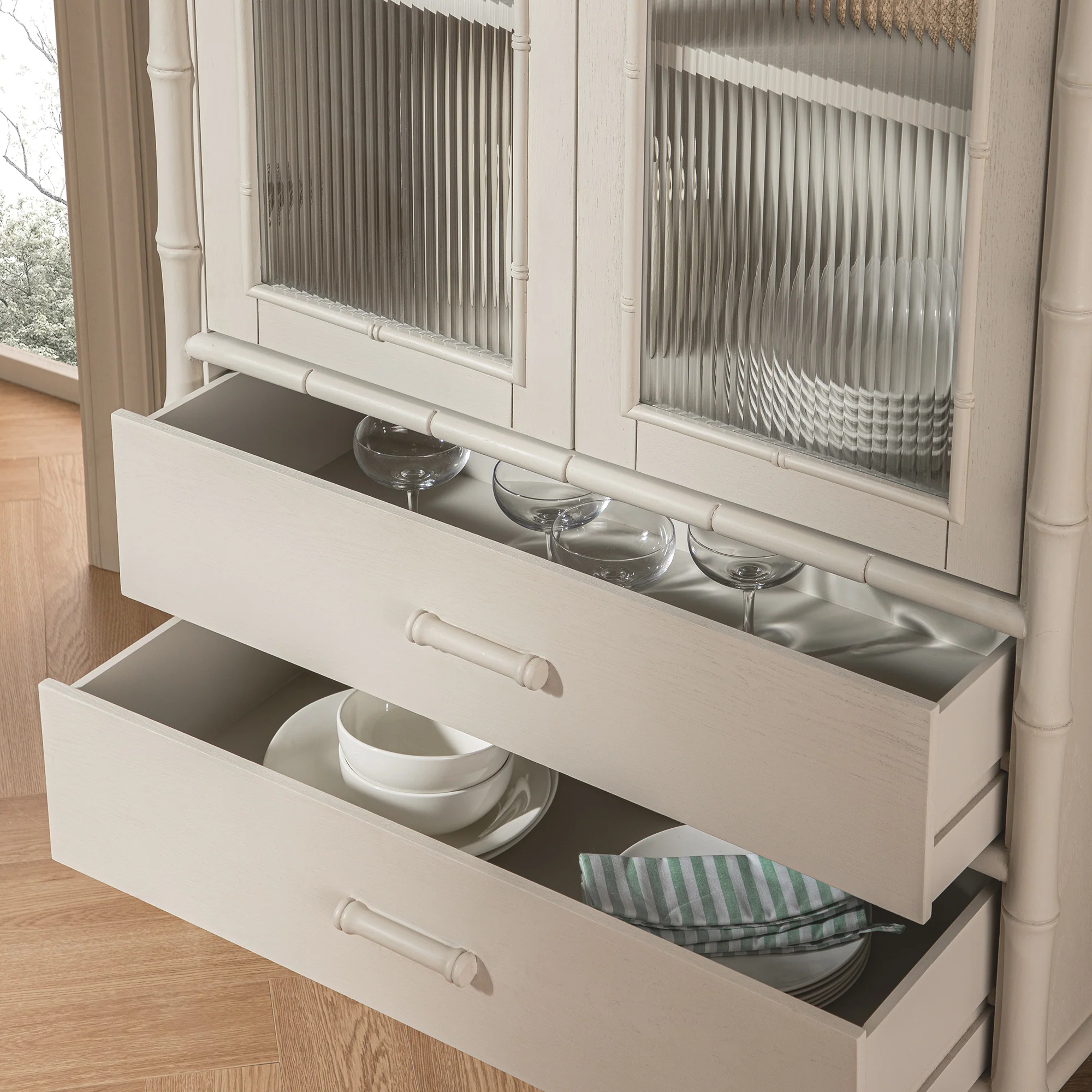 Elstowe Faux Bamboo and Fluted Glass 2-Door Cabinet, Shaded White - Image 8