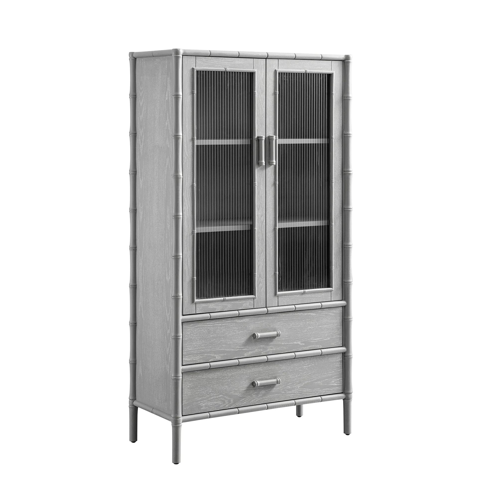 Elstowe Faux Bamboo and Fluted Glass 2-Door Cabinet, Warm Grey - Image 10