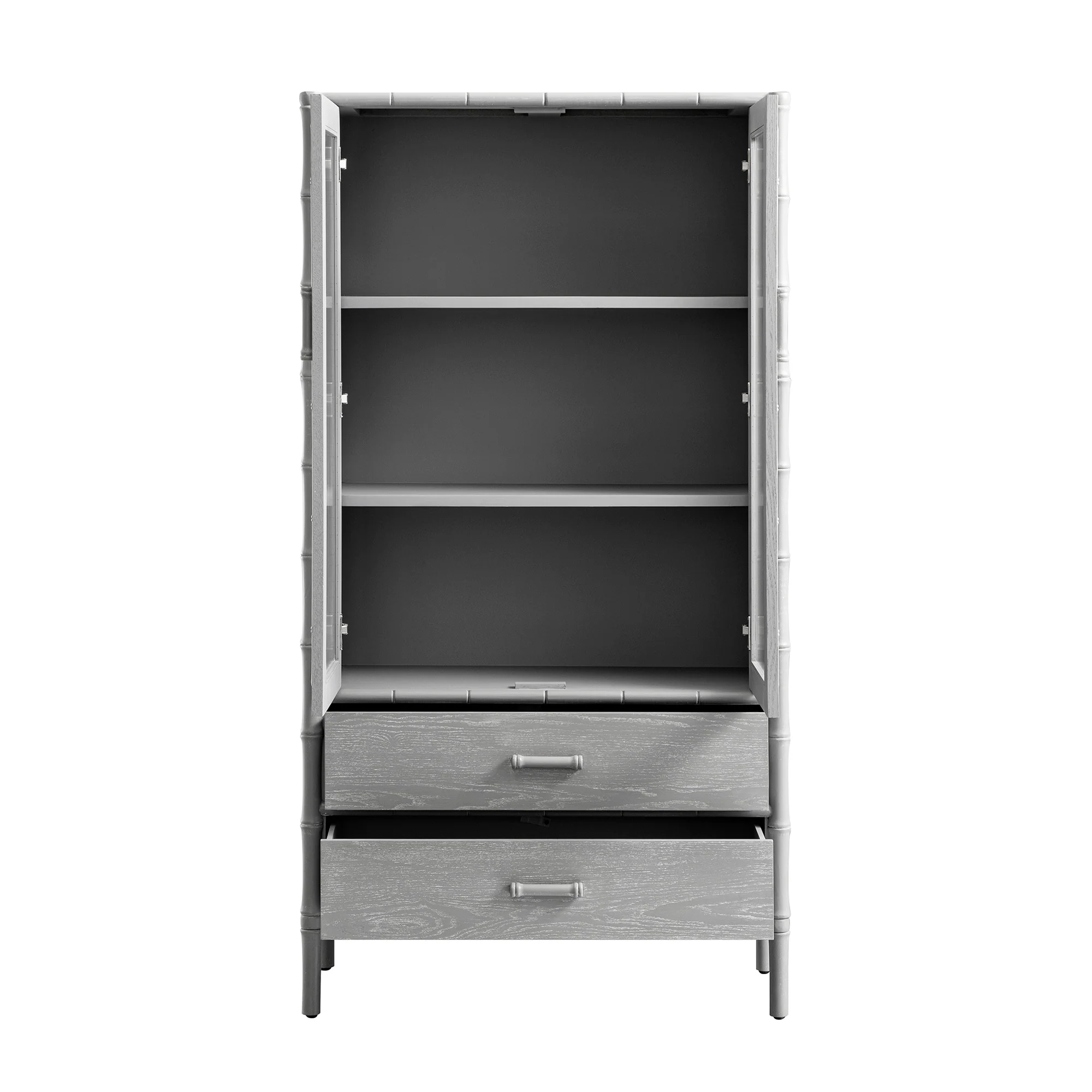 Elstowe Faux Bamboo and Fluted Glass 2-Door Cabinet, Warm Grey - Image 13
