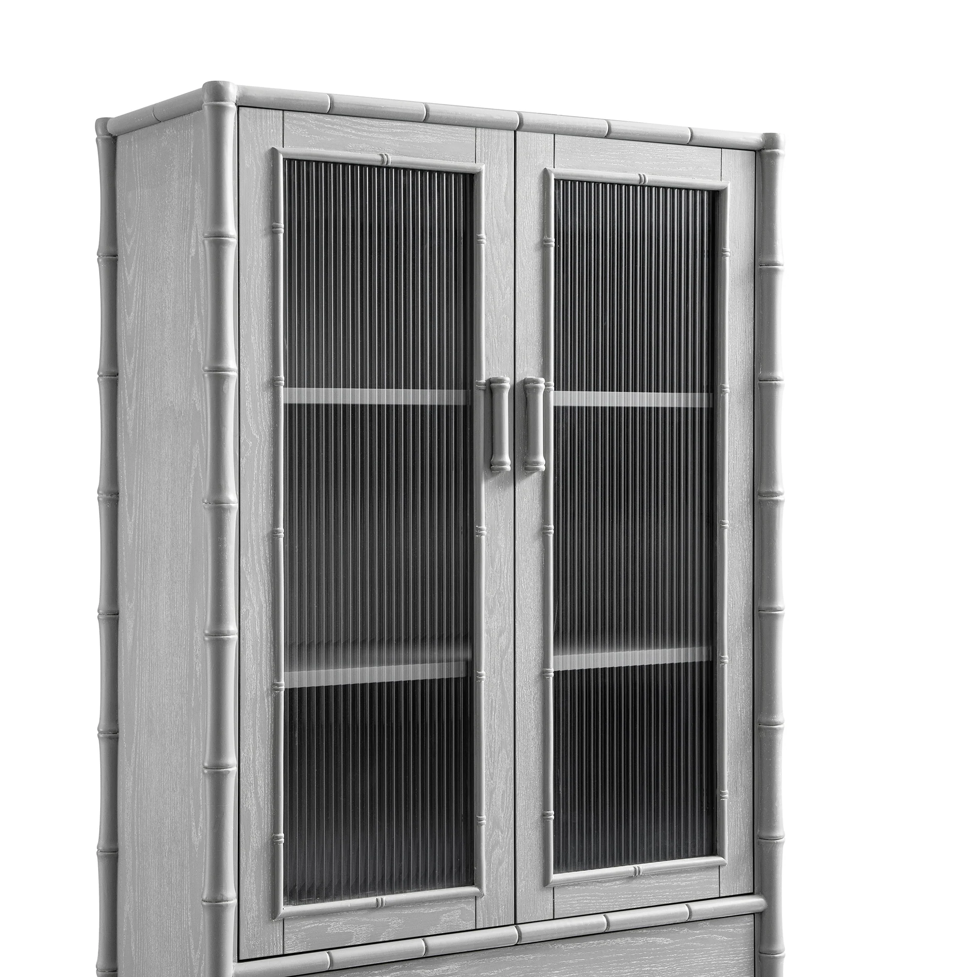 Elstowe Faux Bamboo and Fluted Glass 2-Door Cabinet, Warm Grey - Image 16