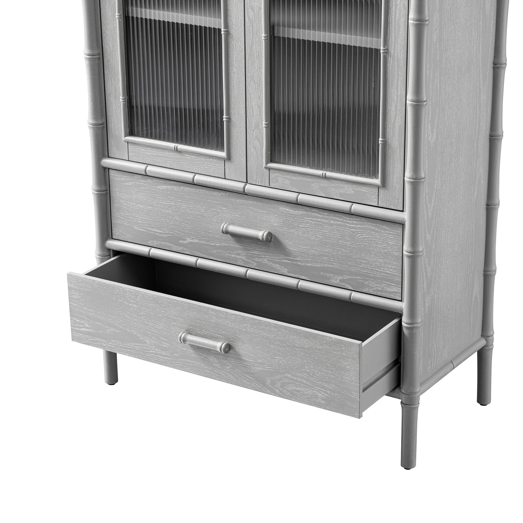 Elstowe Faux Bamboo and Fluted Glass 2-Door Cabinet, Warm Grey - Image 18