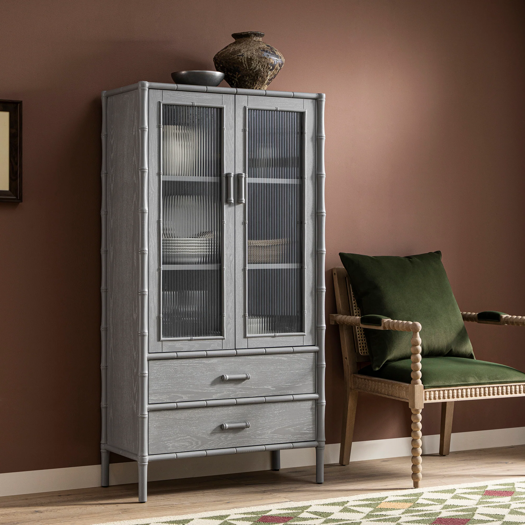 Elstowe Faux Bamboo and Fluted Glass 2-Door Cabinet, Warm Grey - Image 2