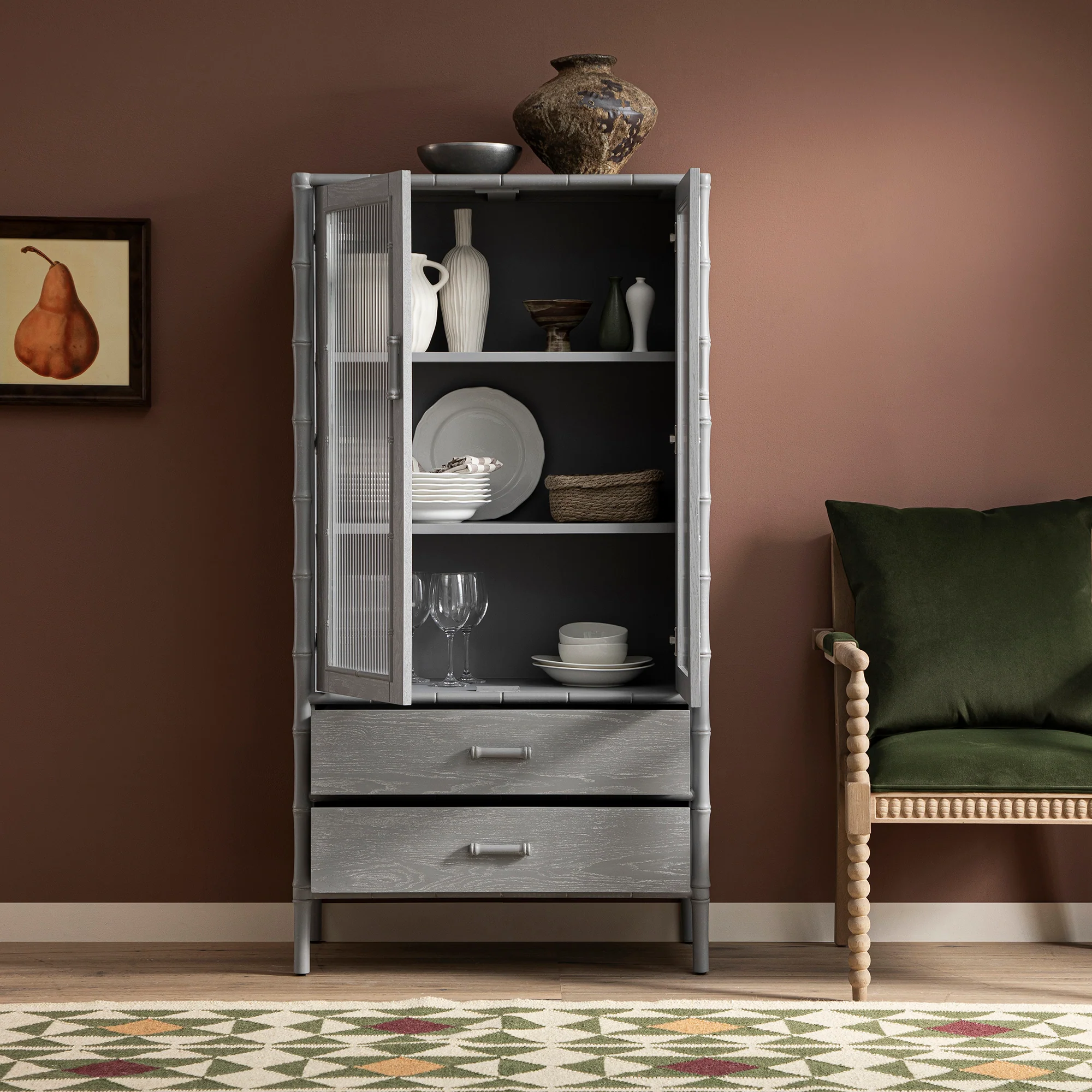 Elstowe Faux Bamboo and Fluted Glass 2-Door Cabinet, Warm Grey - Image 3
