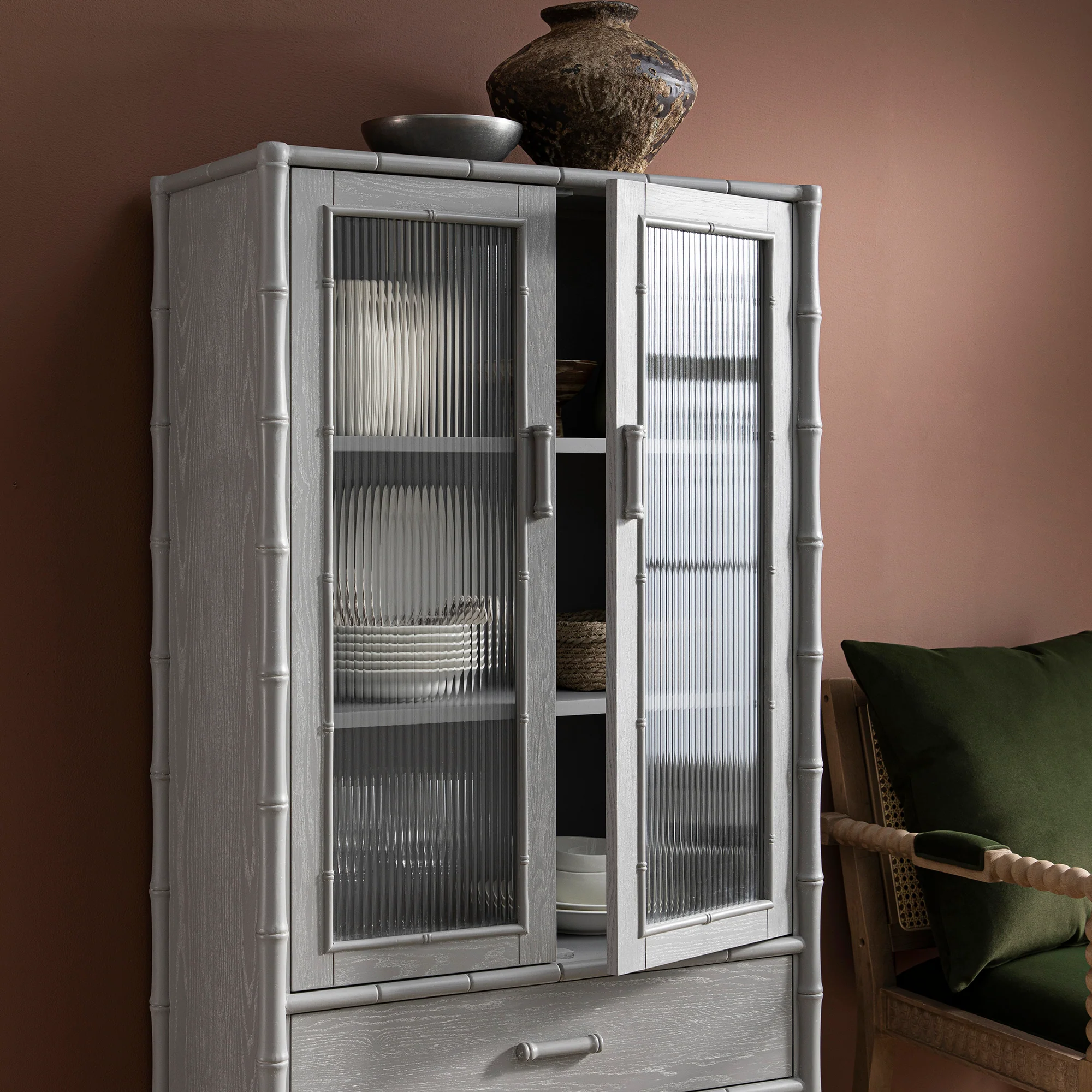 Elstowe Faux Bamboo and Fluted Glass 2-Door Cabinet, Warm Grey - Image 5