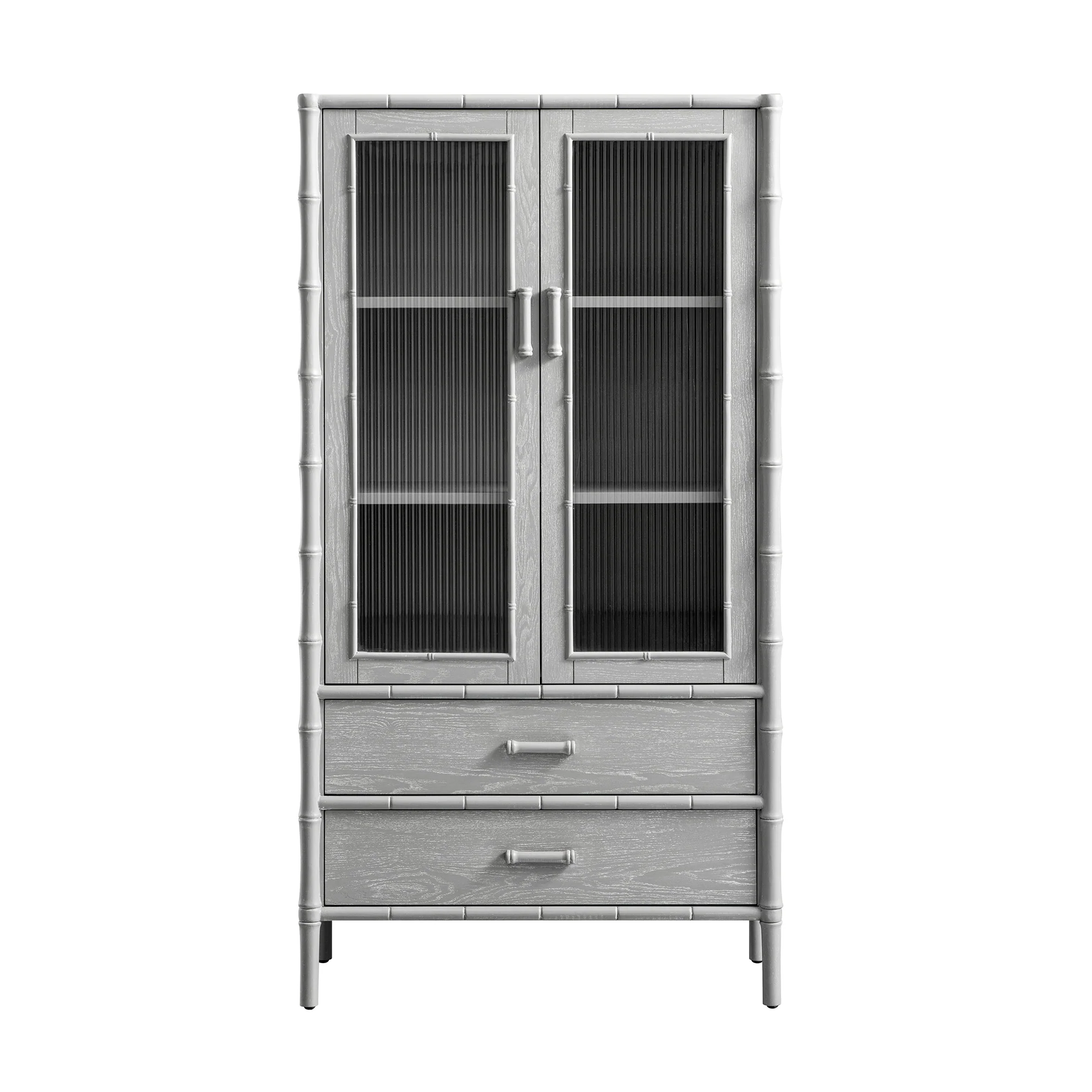 Elstowe Faux Bamboo and Fluted Glass 2-Door Cabinet, Warm Grey - Image 9