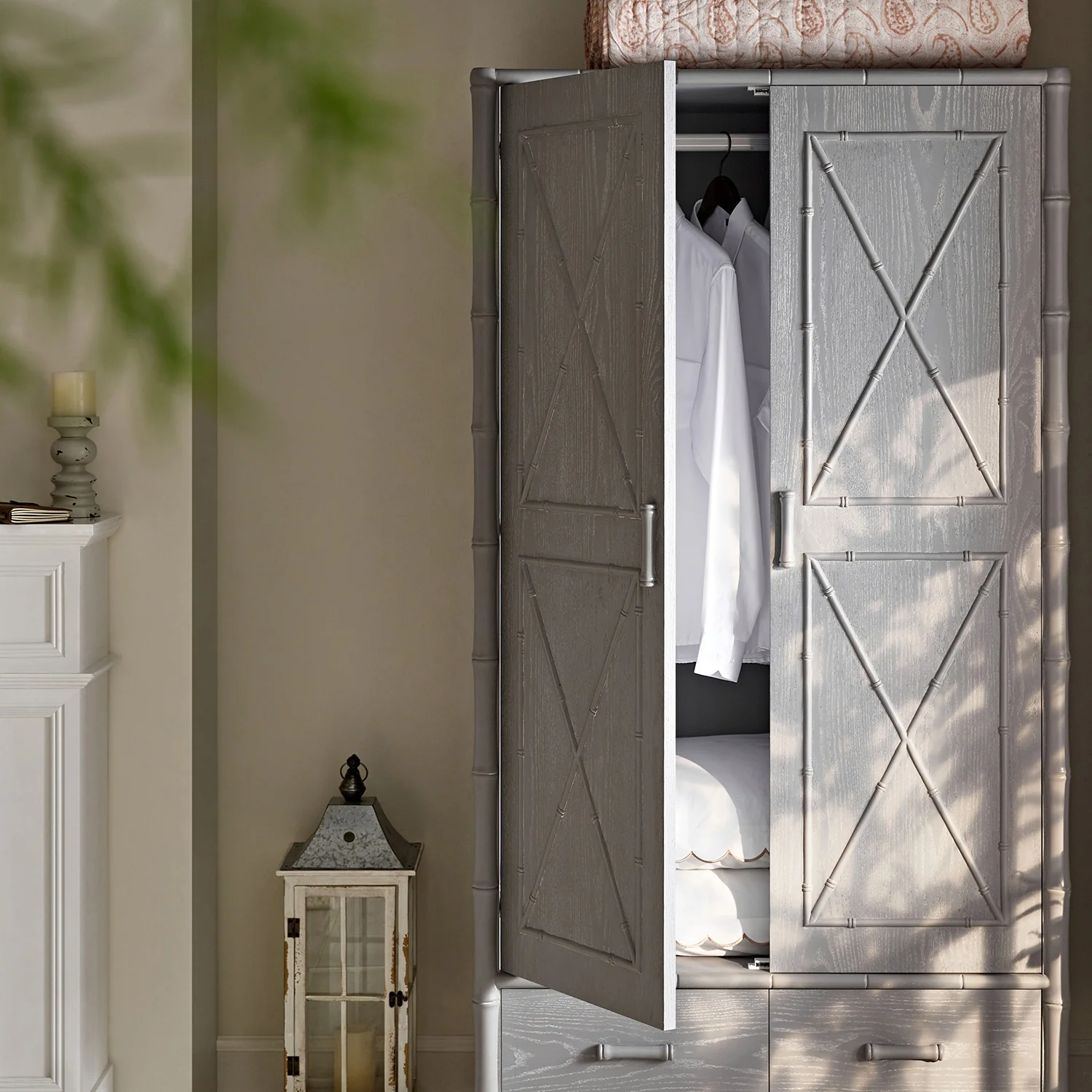Elstowe Faux Bamboo Double Wardrobe, Warm Grey - Image 4