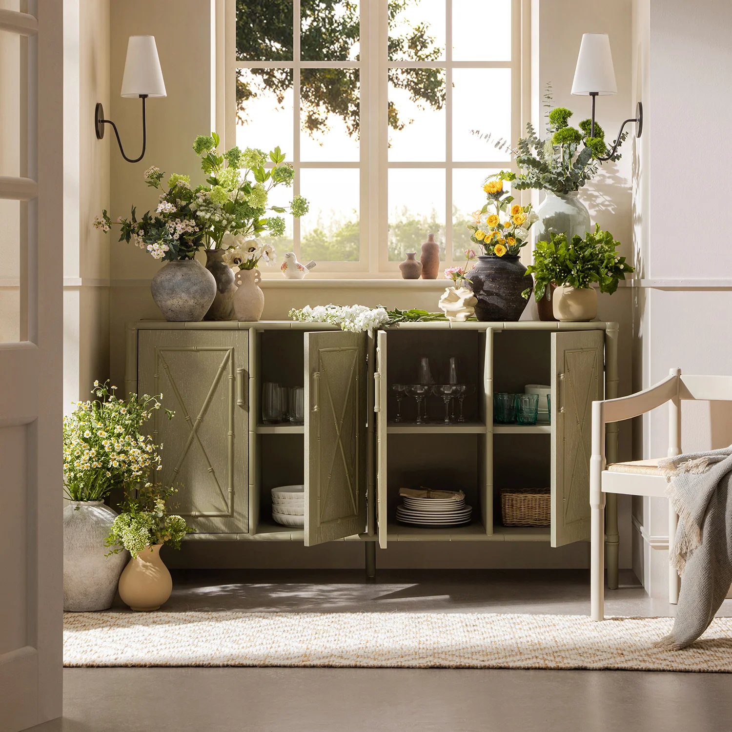 Elstowe Faux Bamboo Large Sideboard, Sage Green - Image 3