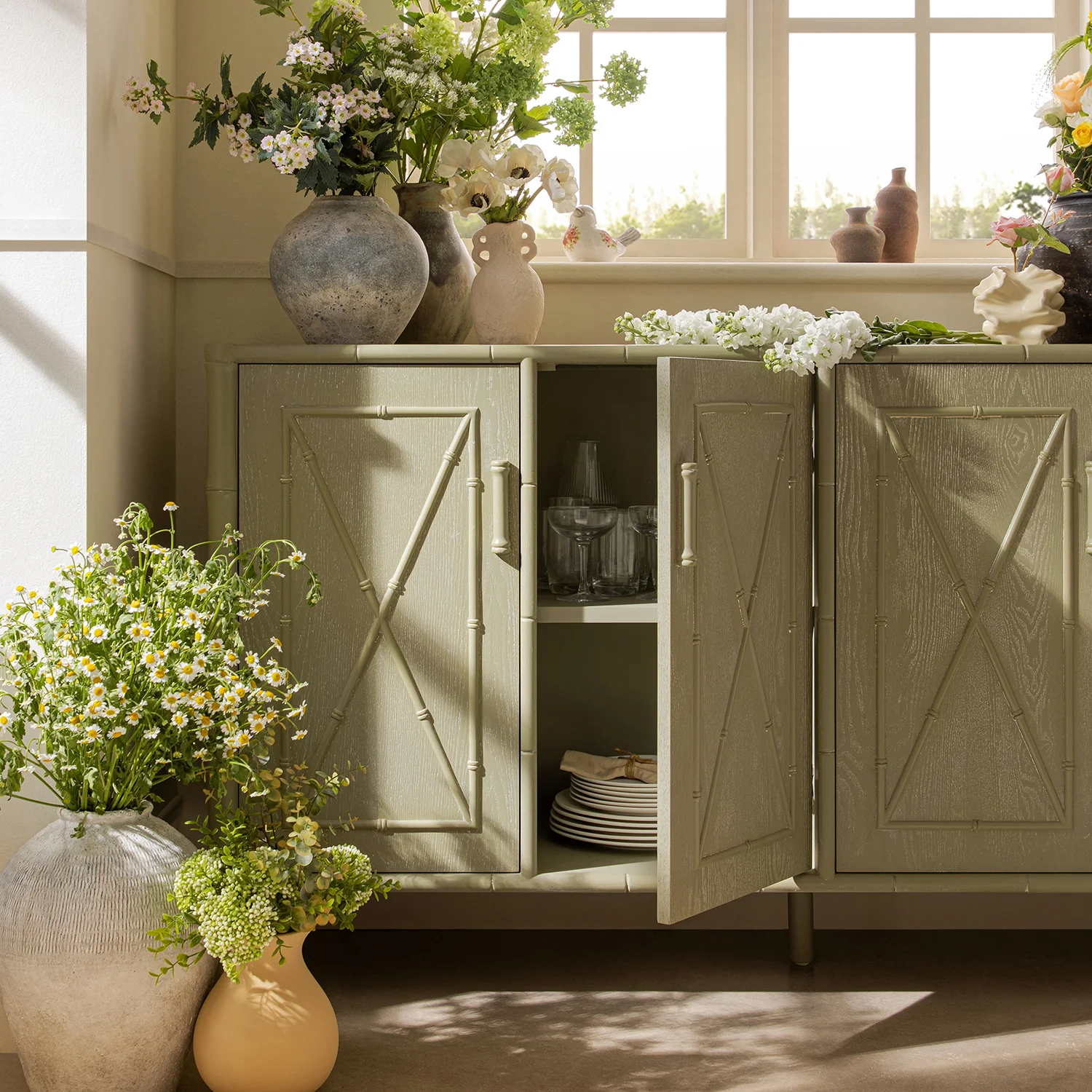 Elstowe Faux Bamboo Large Sideboard, Sage Green - Image 5