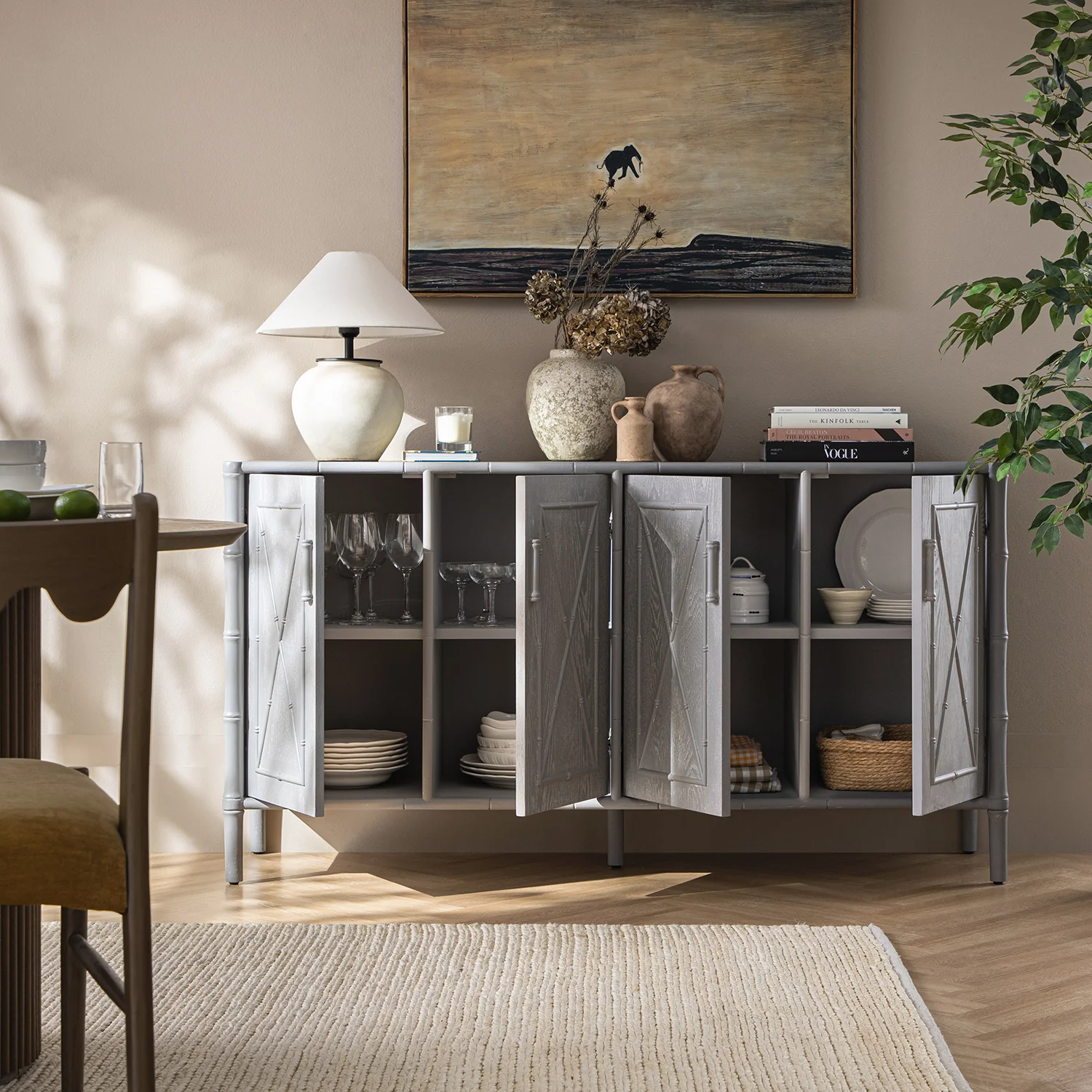 Elstowe Faux Bamboo Large Sideboard, Warm Grey - Image 3