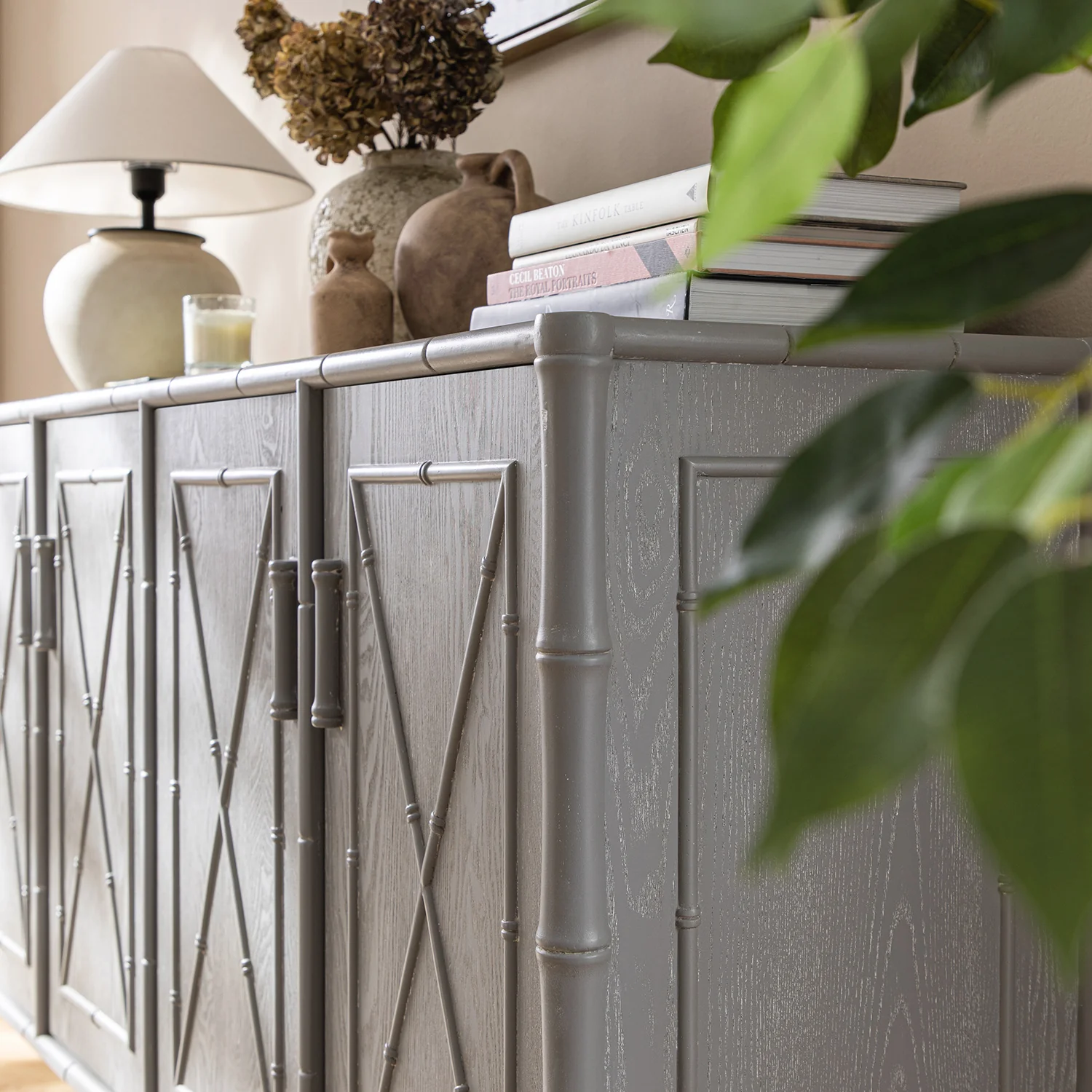 Elstowe Faux Bamboo Large Sideboard, Warm Grey - Image 6