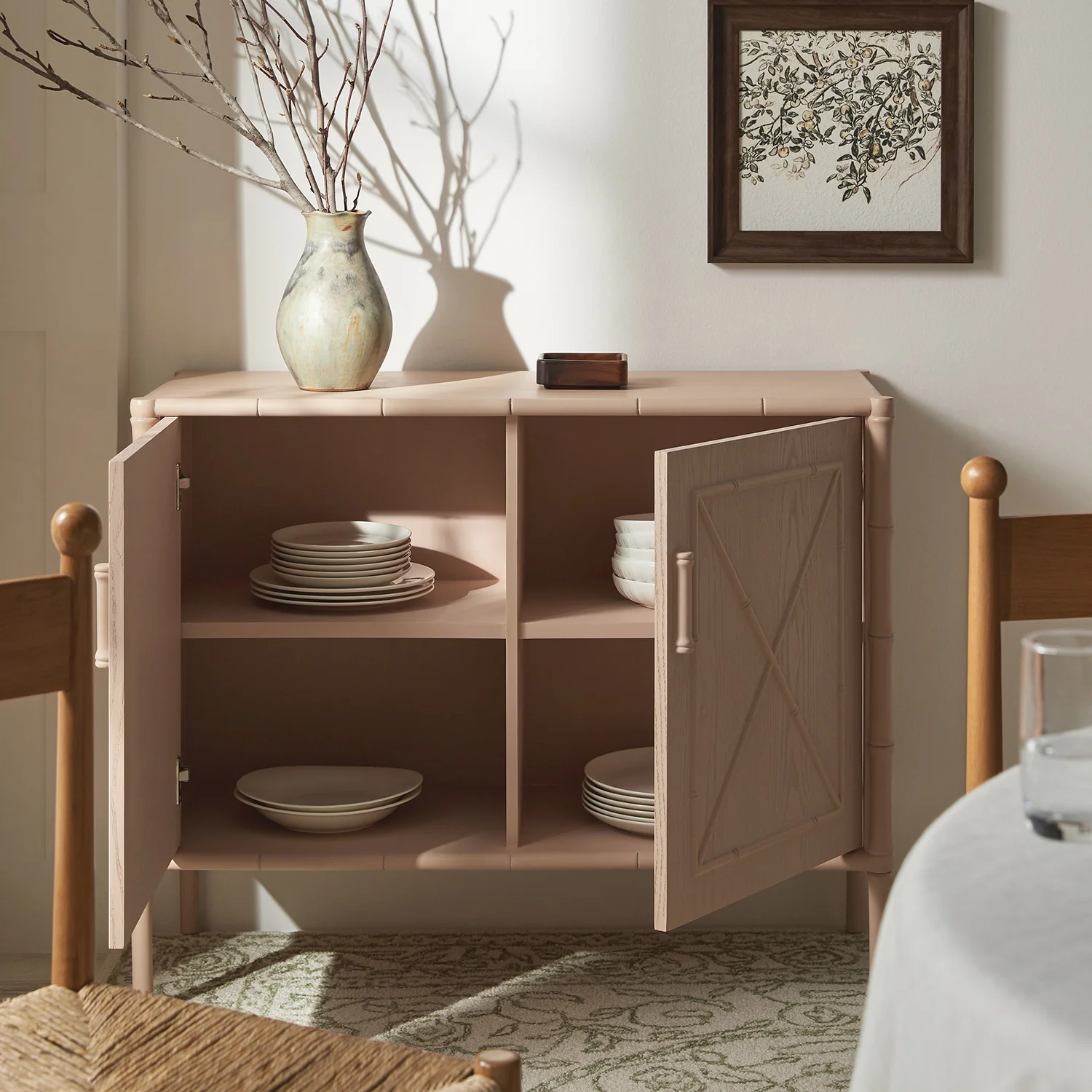 Elstowe Faux Bamboo Small Sideboard, Nude Pink - Image 3