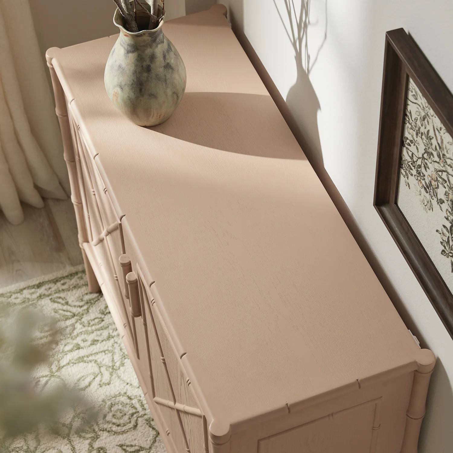 Elstowe Faux Bamboo Small Sideboard, Nude Pink - Image 4