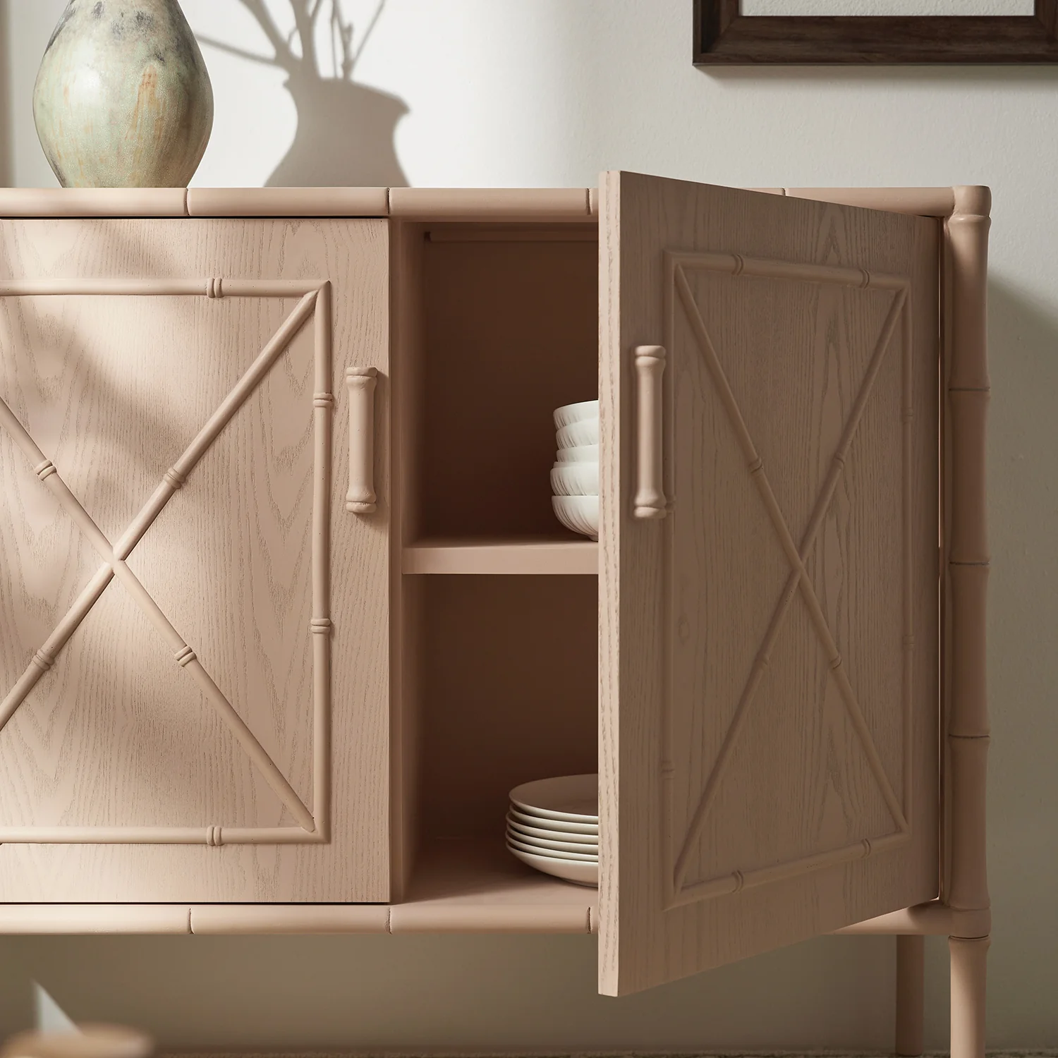 Elstowe Faux Bamboo Small Sideboard, Nude Pink - Image 5