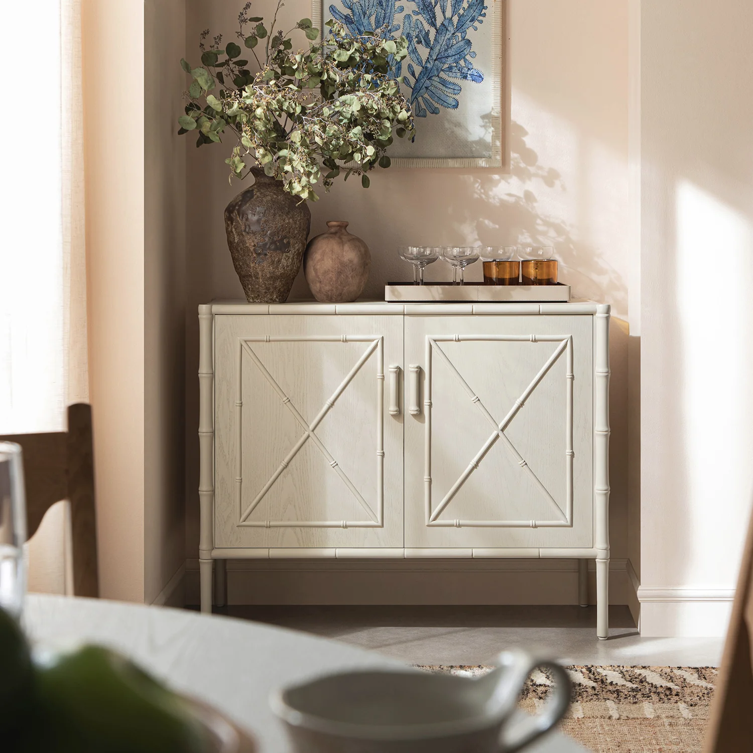 Elstowe Faux Bamboo Small Sideboard, Shaded White - Image 2