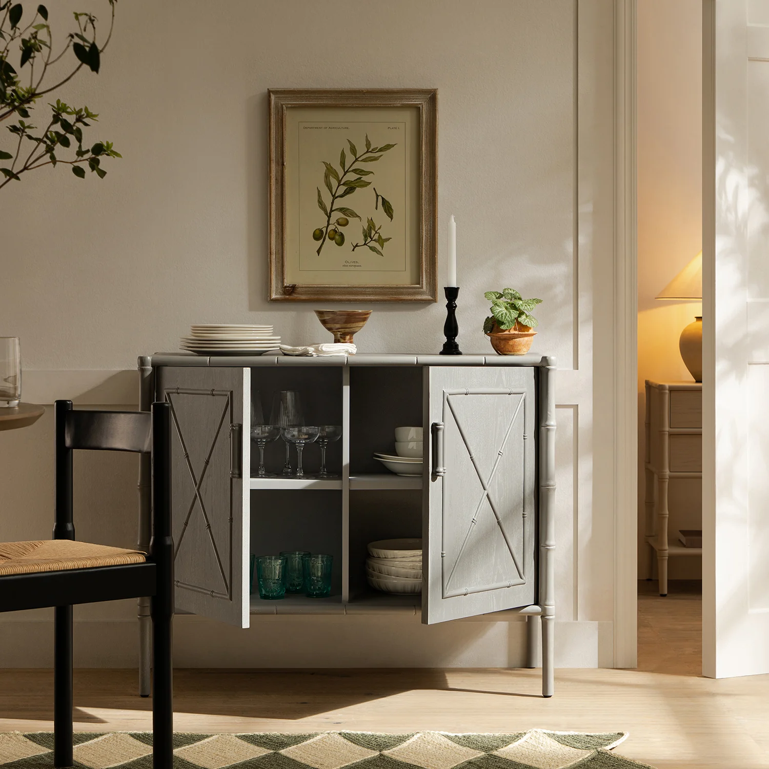 Elstowe Faux Bamboo Small Sideboard, Warm Grey - Image 3