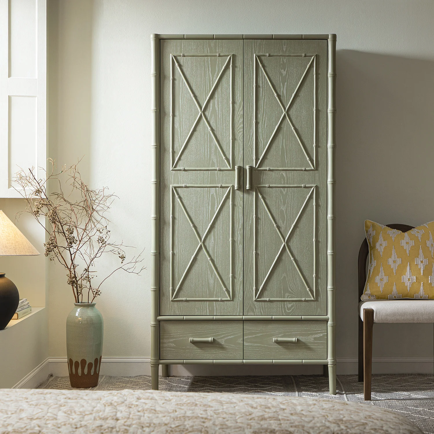 Elstowe Faux Bamboo Double Wardrobe, Sage Green - Image 2