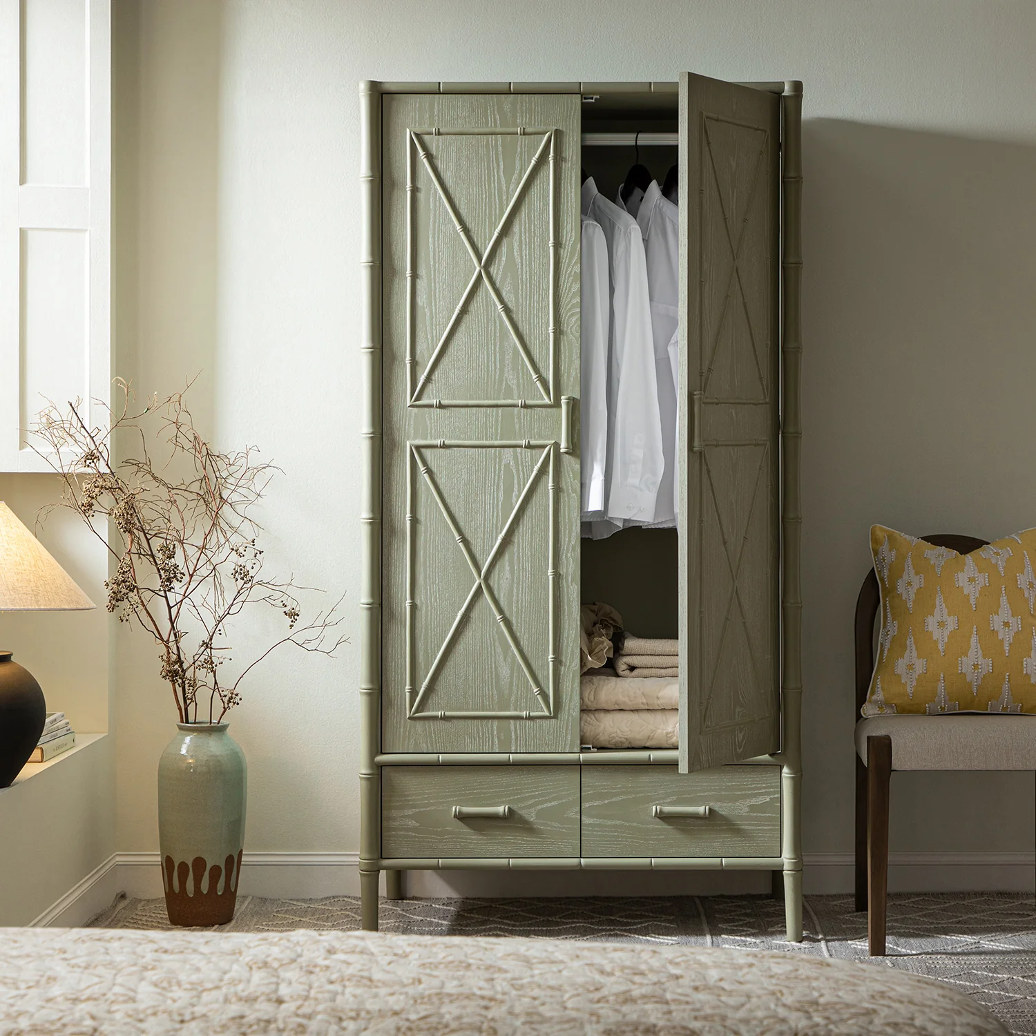 Elstowe Faux Bamboo Double Wardrobe, Sage Green - Image 4
