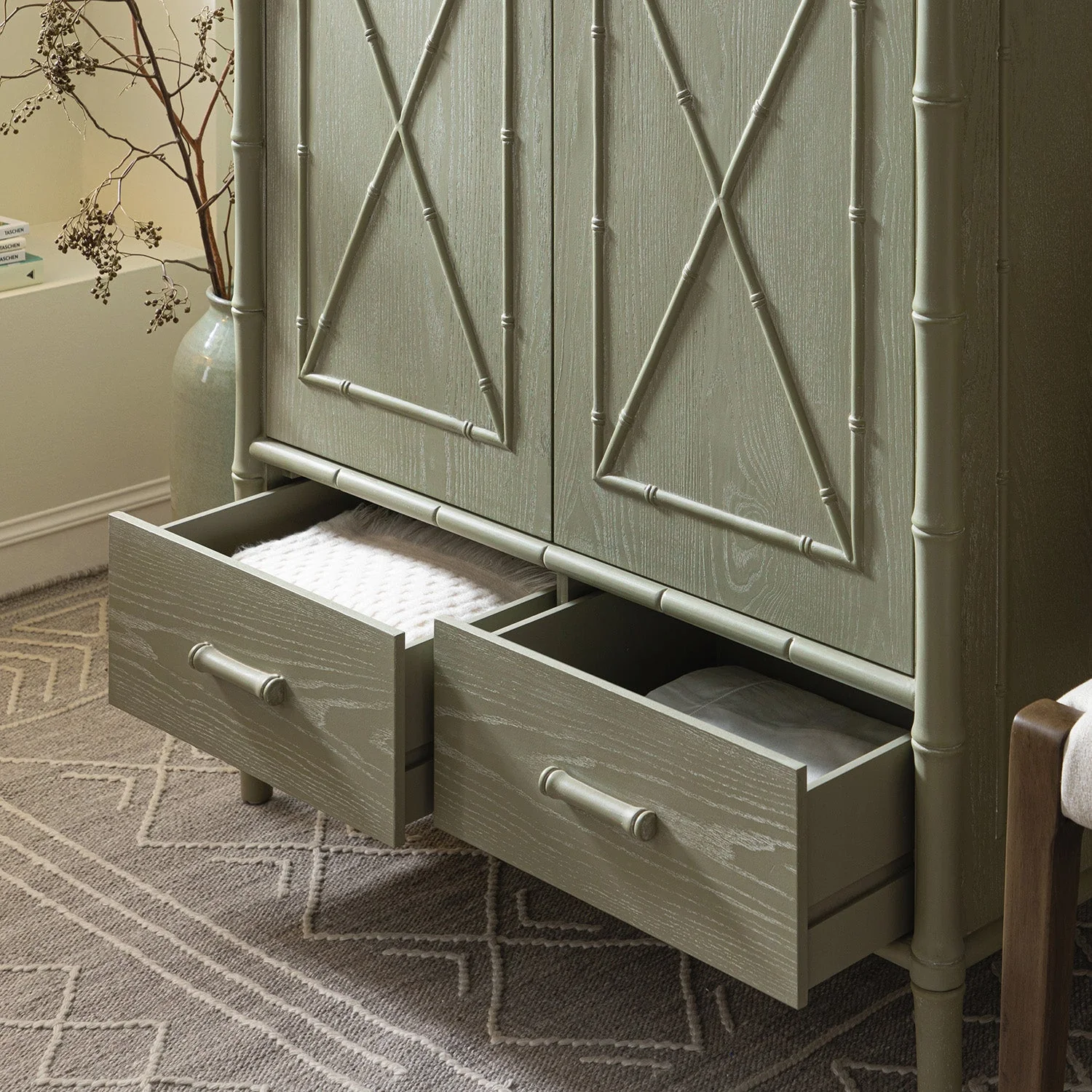 Elstowe Faux Bamboo Double Wardrobe, Sage Green - Image 6