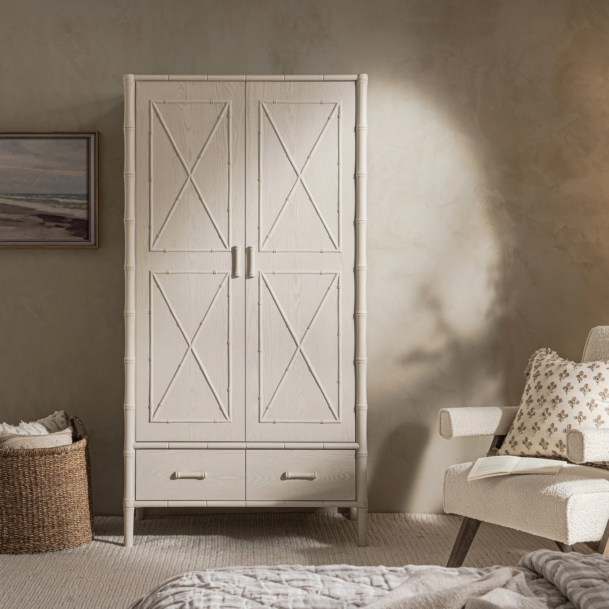 Elstowe Faux Bamboo Double Wardrobe, Shaded White - Image 2