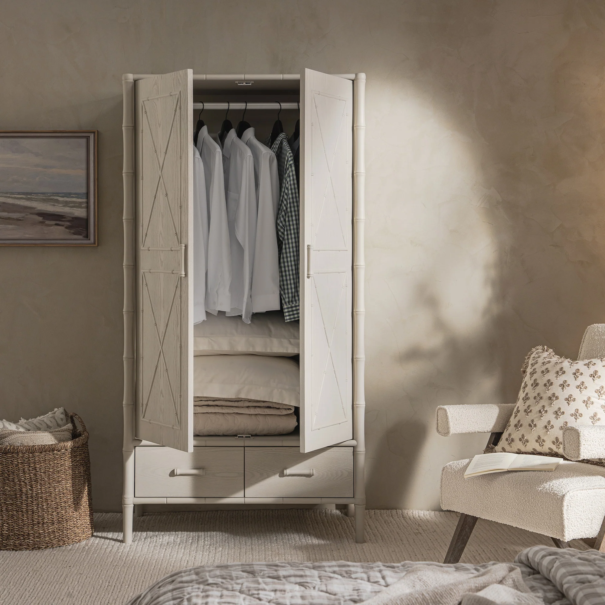 Elstowe Faux Bamboo Double Wardrobe, Shaded White - Image 3