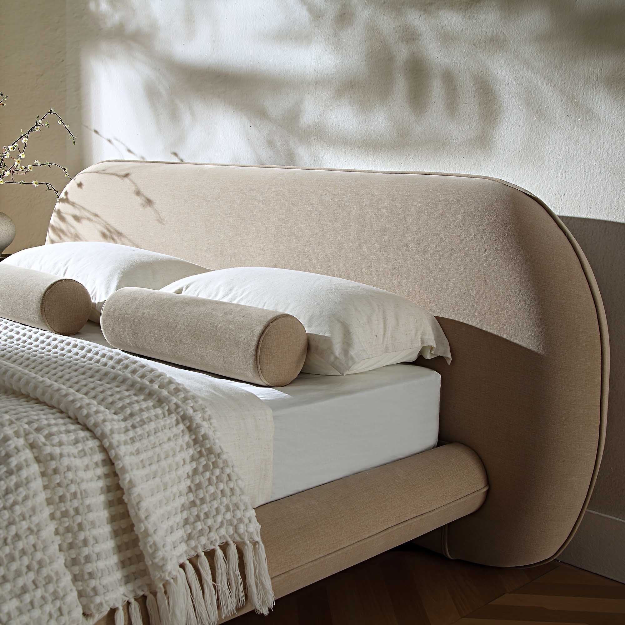 Elystan Oval Headboard Upholstered Bed, Warm Beige Fabric - Image 3