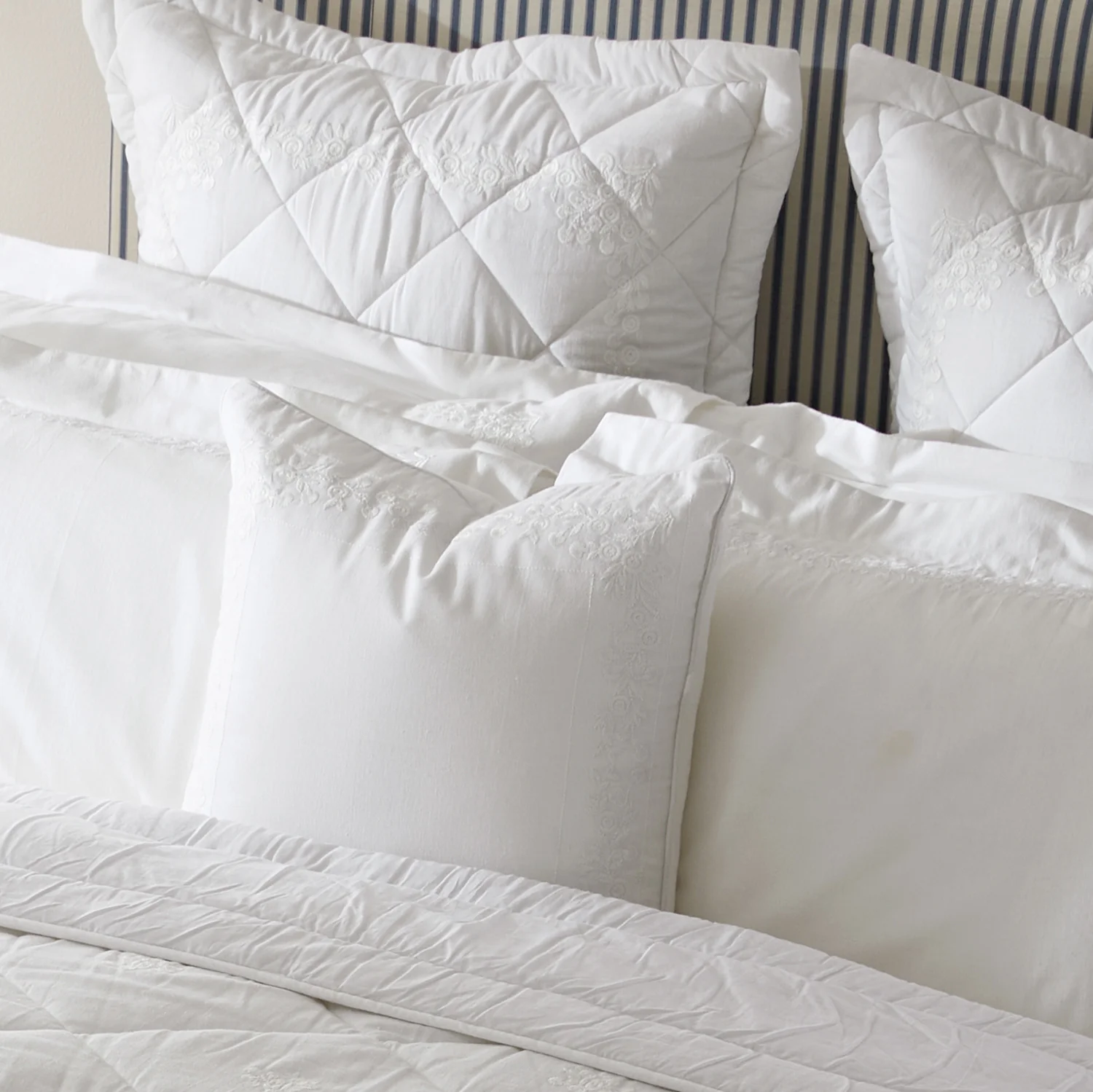 Esmeralda White Floral Embroidered Quilted Linen Blend Continental Square Pillowcases - Pair - Image 2