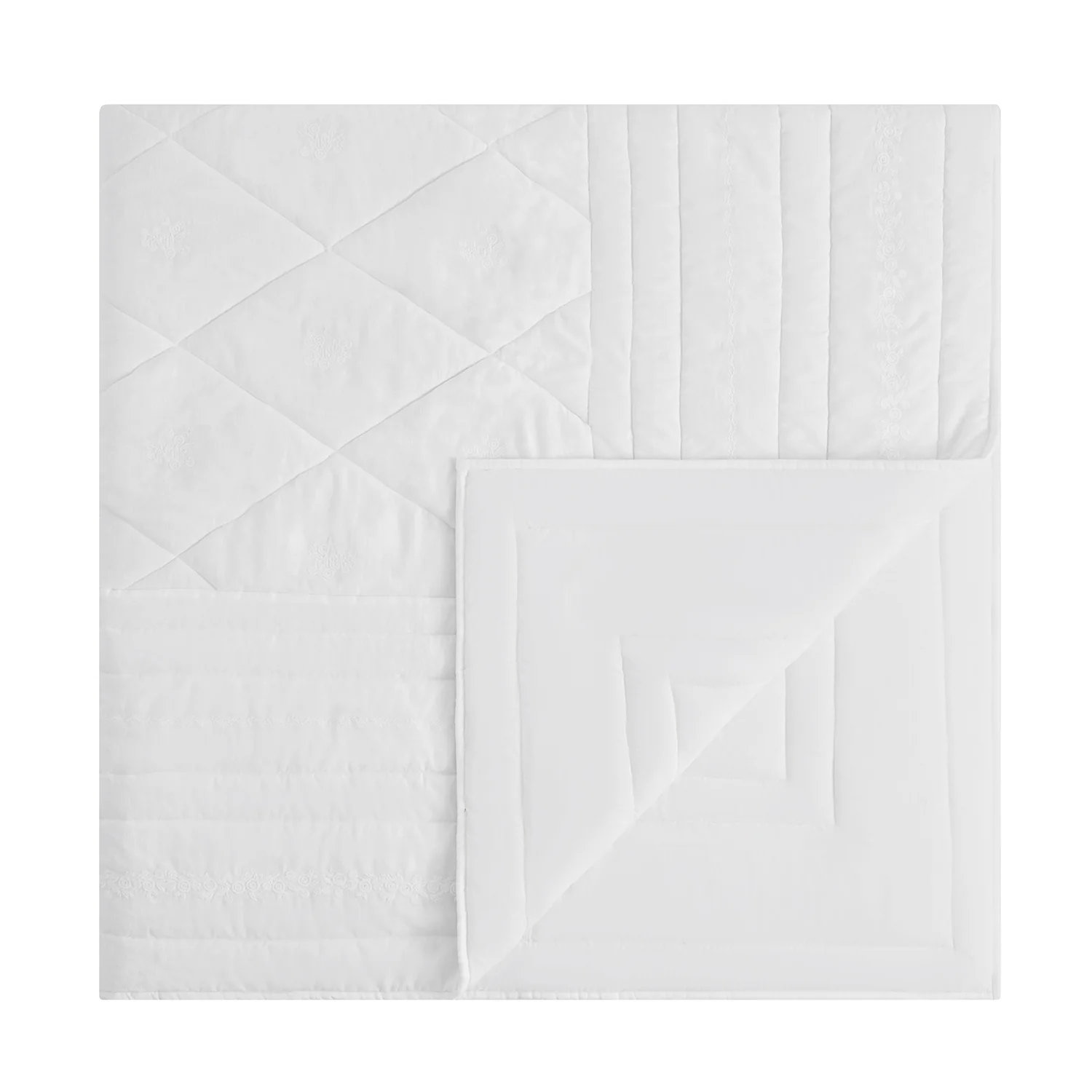 Esmeralda White Floral Embroidered Quilted Linen Blend Bedspread - Image 7